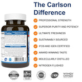 Carlson envase con etiqueta legible, información clara sobre origen y beneficios.