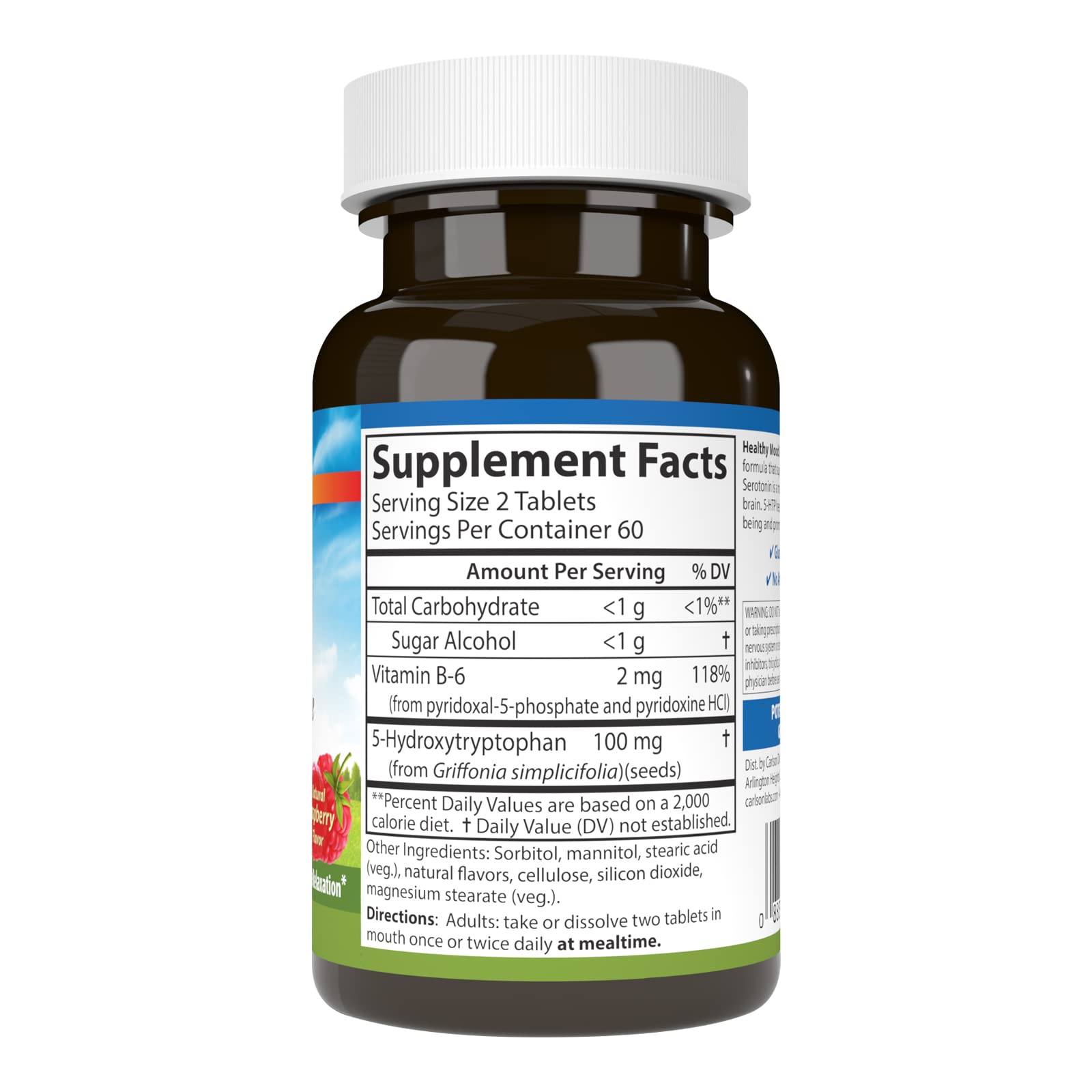 Carlson 5-HTP Elite, frambuesa natural, sabor agradable para bienestar emocional.