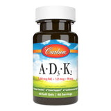 Carlson vitaminas A, D3 y K2 en frasco frente a la etiqueta, apoyo general.