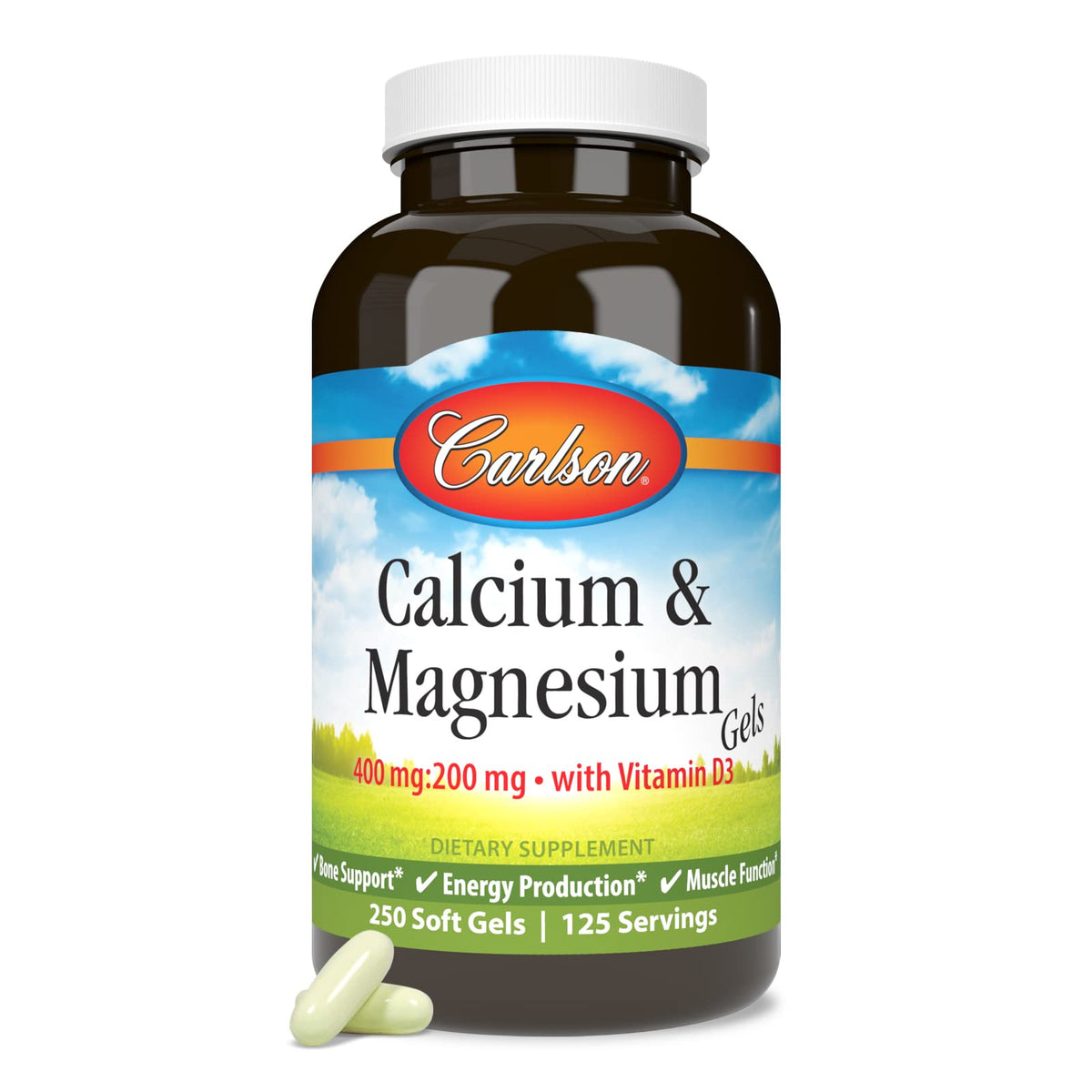 Carlson geles calcio-magnesio en proporción 2:1 para apoyo óseo.