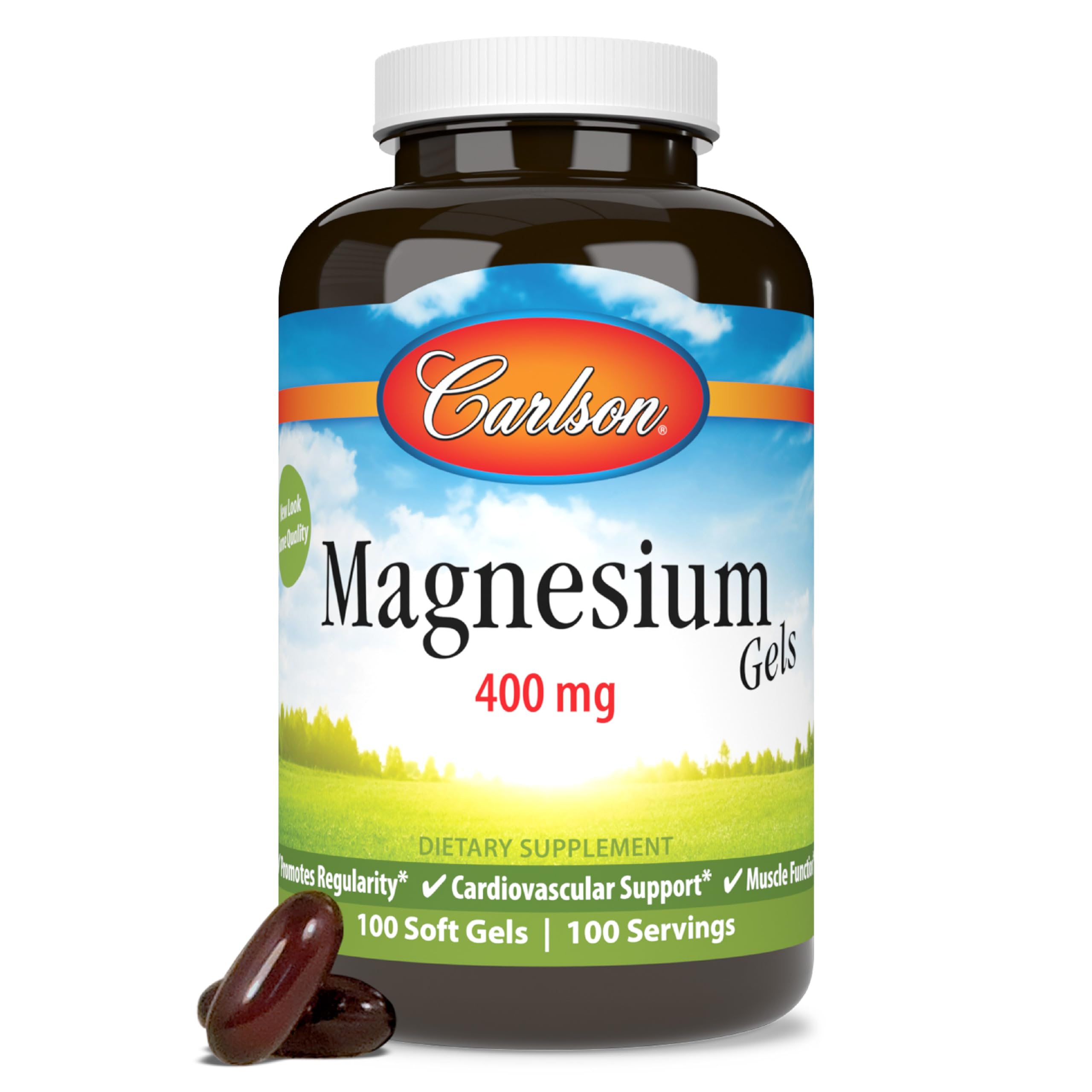 Carlson Geles Magnesio 400 mg: botella frontal, soporte general para el cuerpo