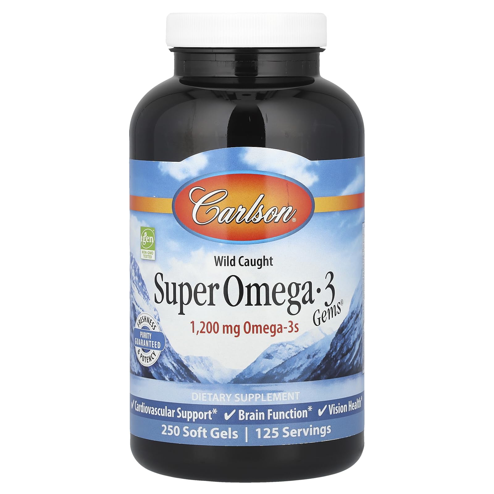 Carlson Gemas Omega-3 en bote de cápsulas, apoyo al bienestar cardíaco.