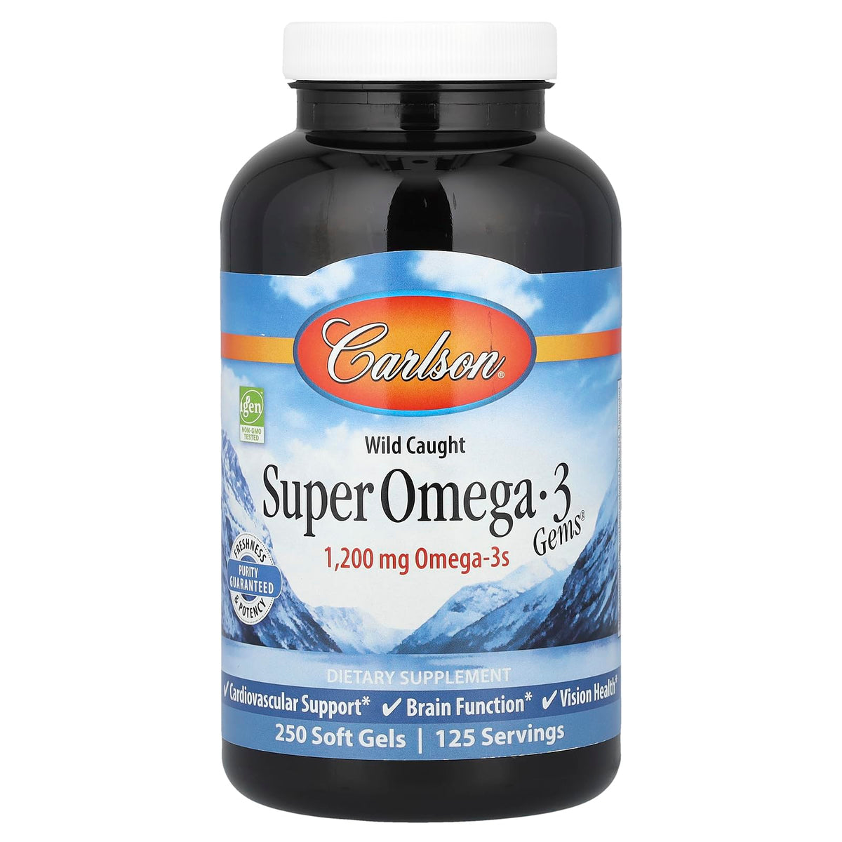 Carlson Gemas Omega-3 en bote de cápsulas, apoyo al bienestar cardíaco.