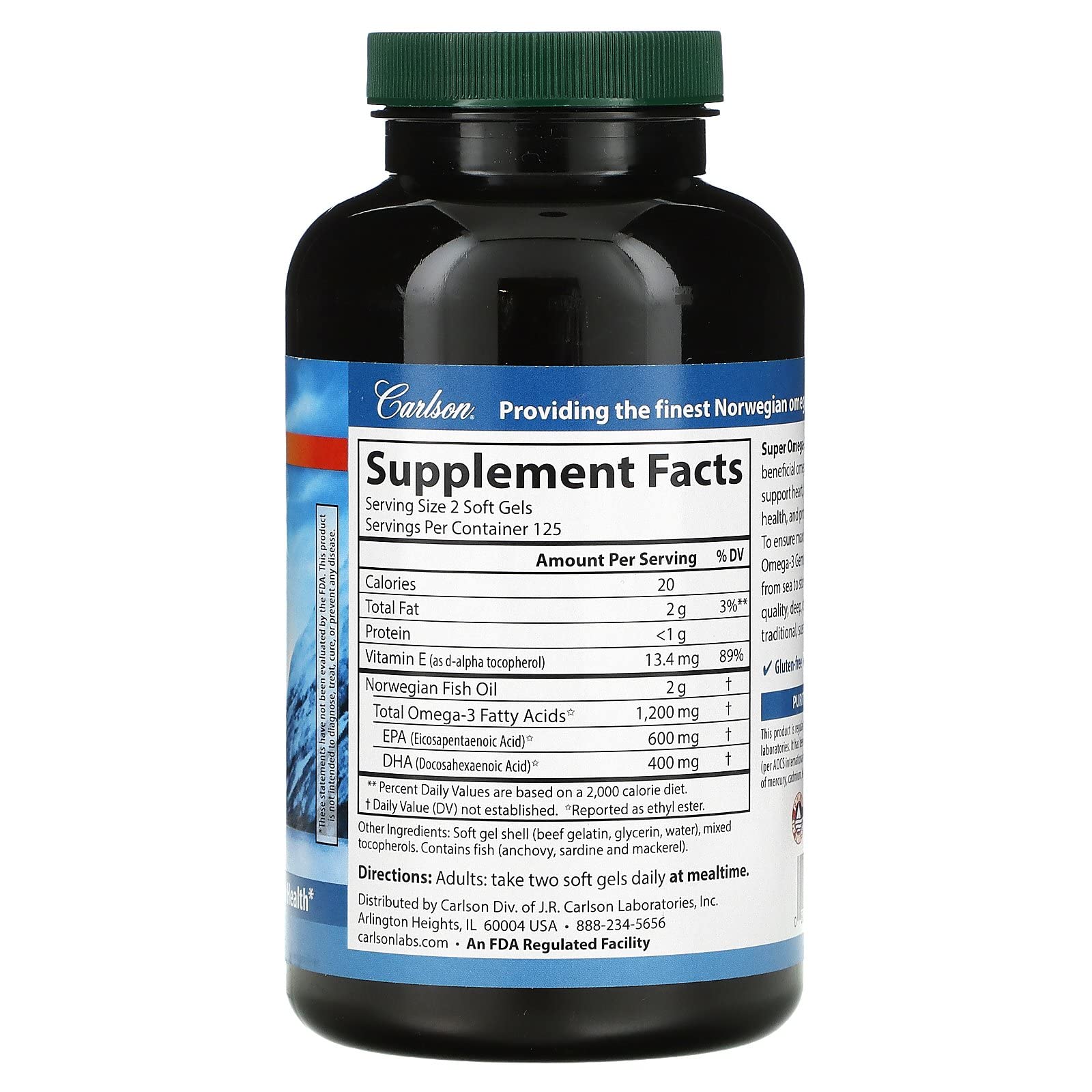 Etiqueta frontal de Carlson Gemas Omega-3, destaca origen sostenible y pureza.