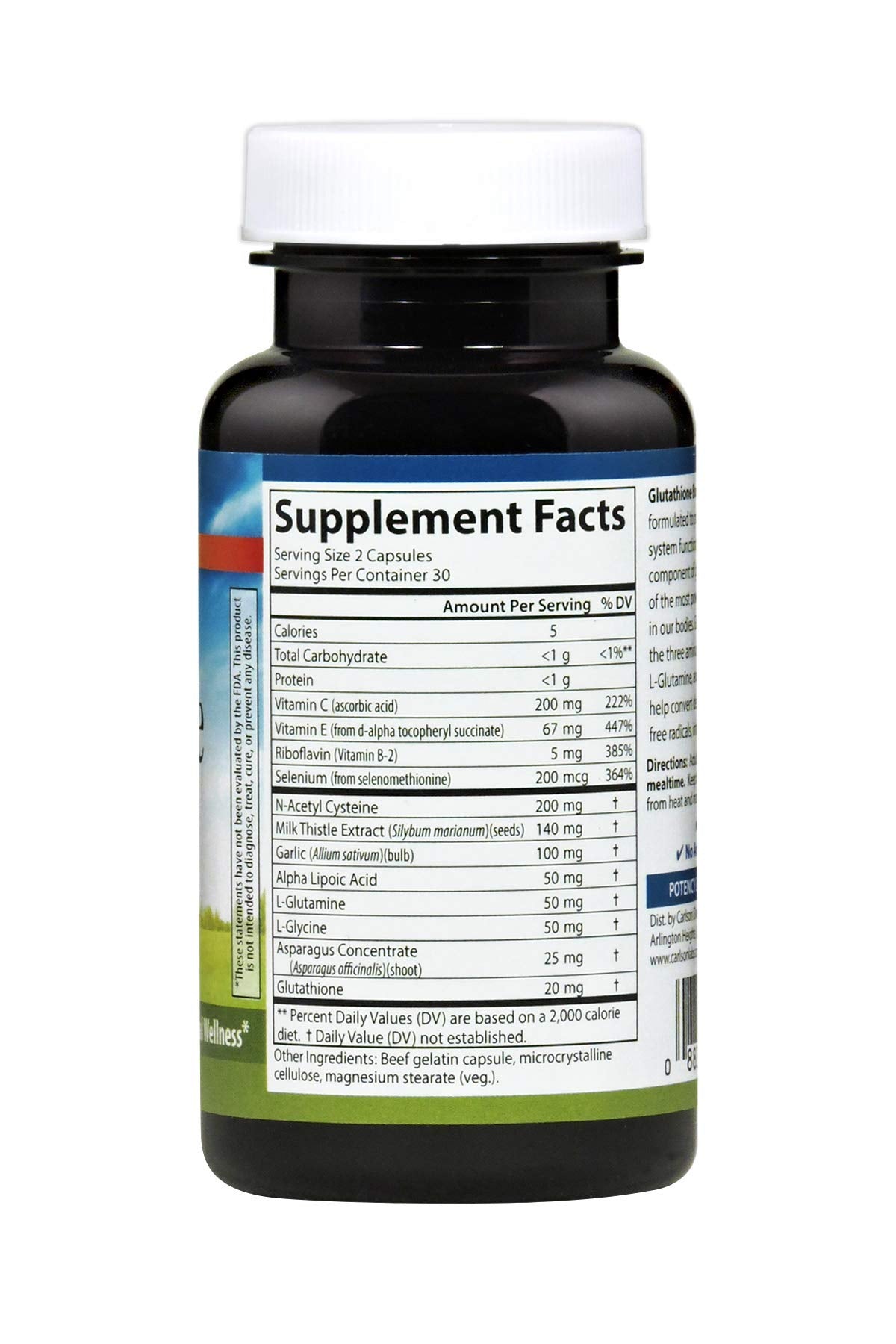 Etiqueta frontal de Carlson Glutathione Booster muestra información clave para el usuario.