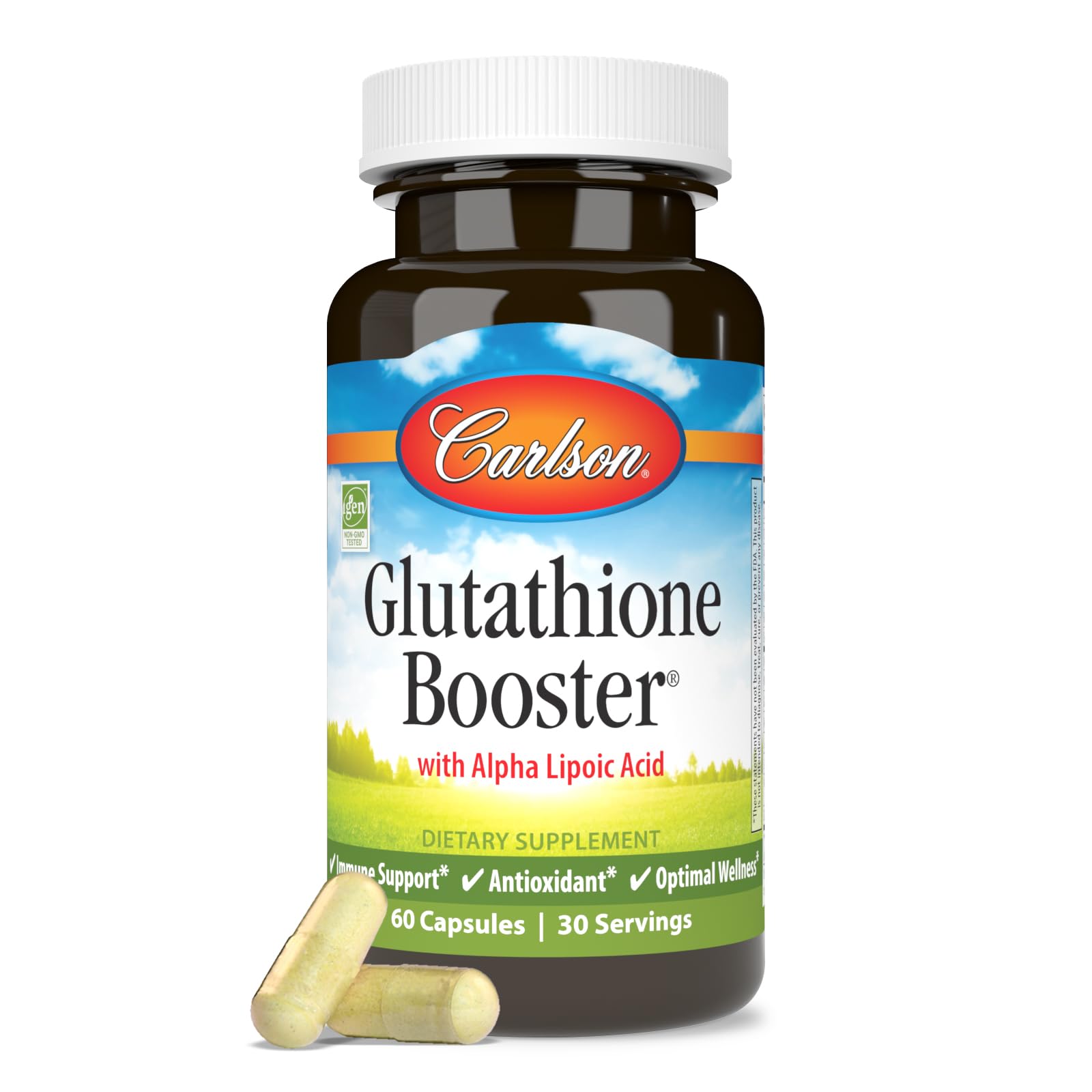 Tapa rosca de la botella Carlson Glutathione Booster, sellado para frescura.
