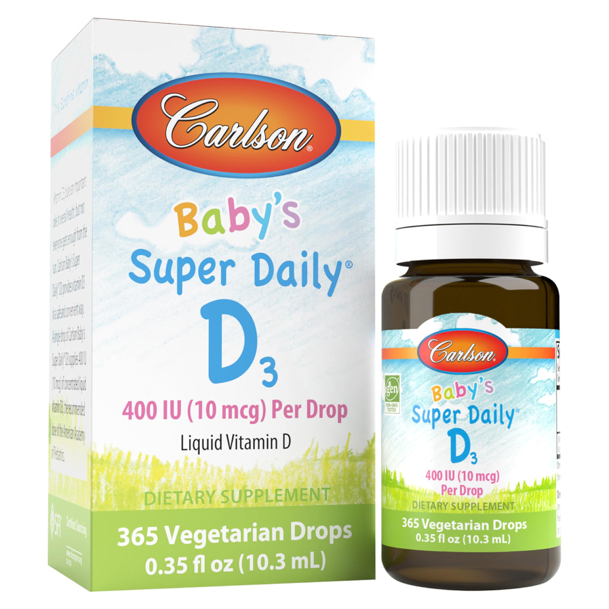 Carlson Gotas D3 para bebé, botella y gota, favorece crecimiento saludable.