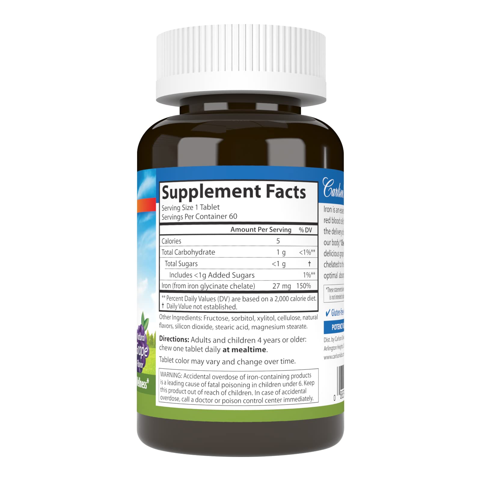 Carlson Hierro masticable 27 mg, sabor a uva, tabletas fáciles de masticar
