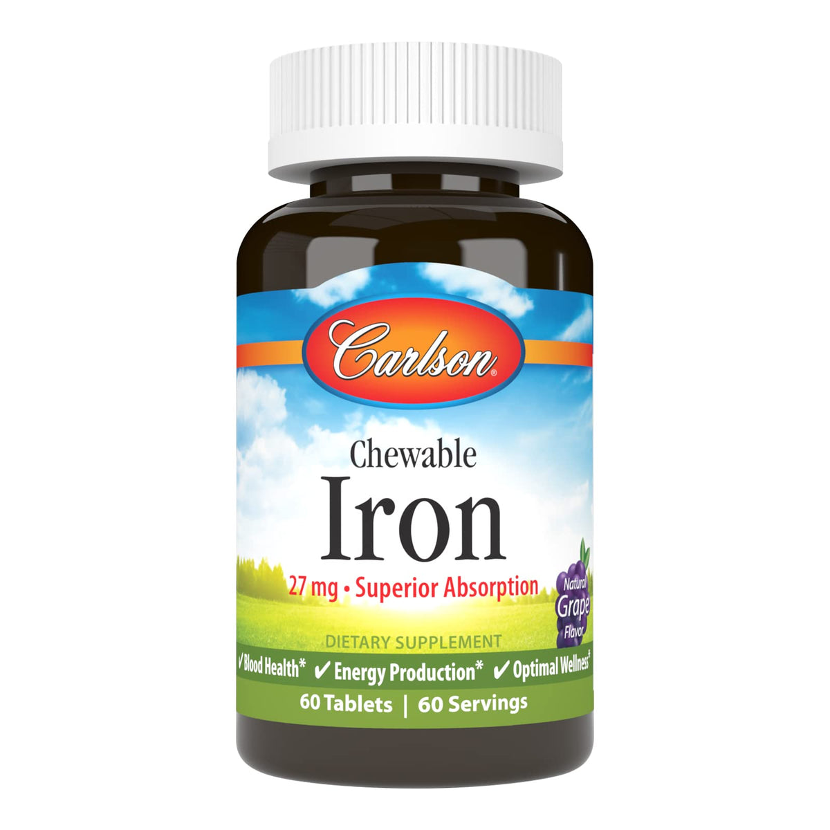 Carlson Hierro masticable 27 mg, sabor a uva, apoyo diario para energía