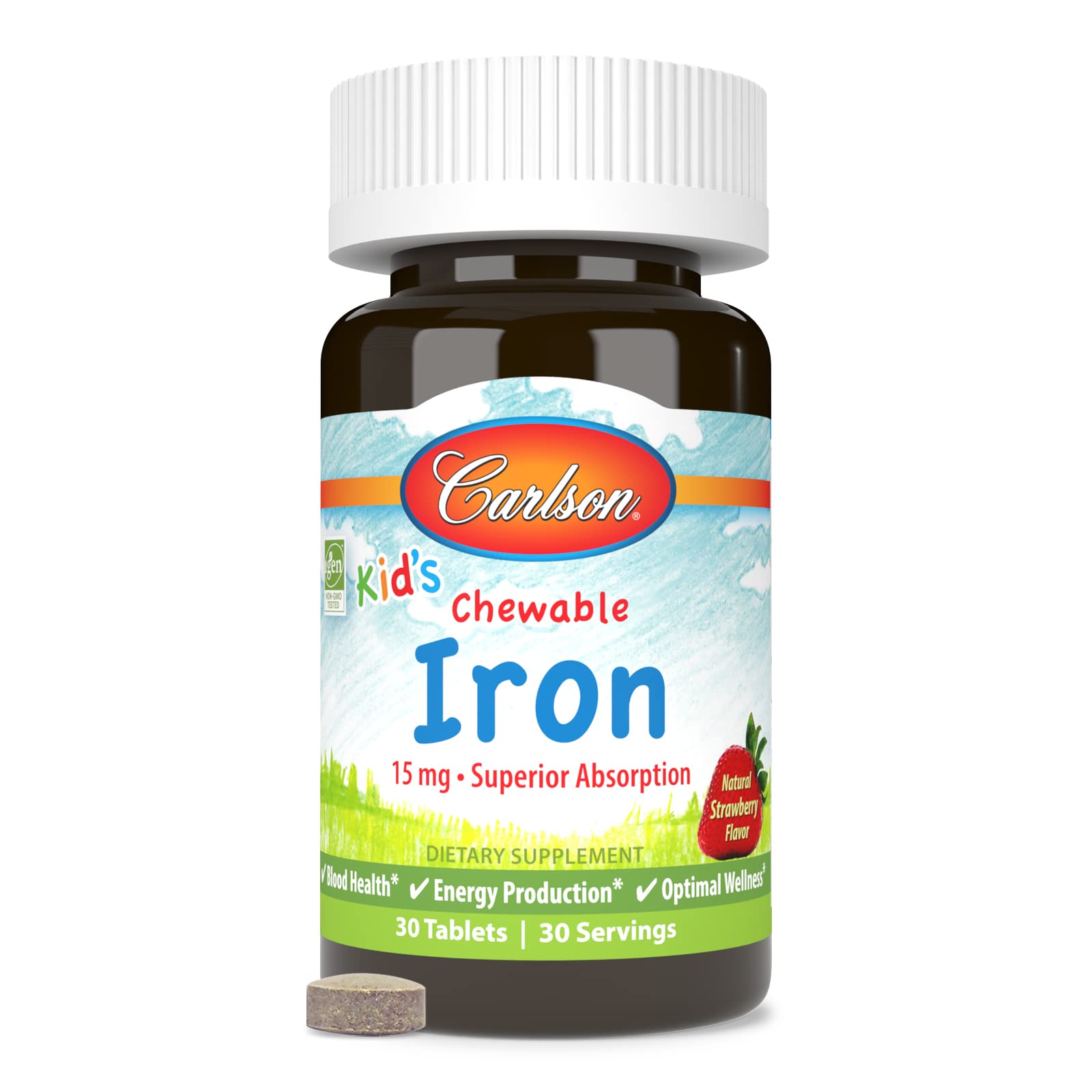 carlson hierro para niños, dosis de 15 mg por porción, soporte diario de hierro.