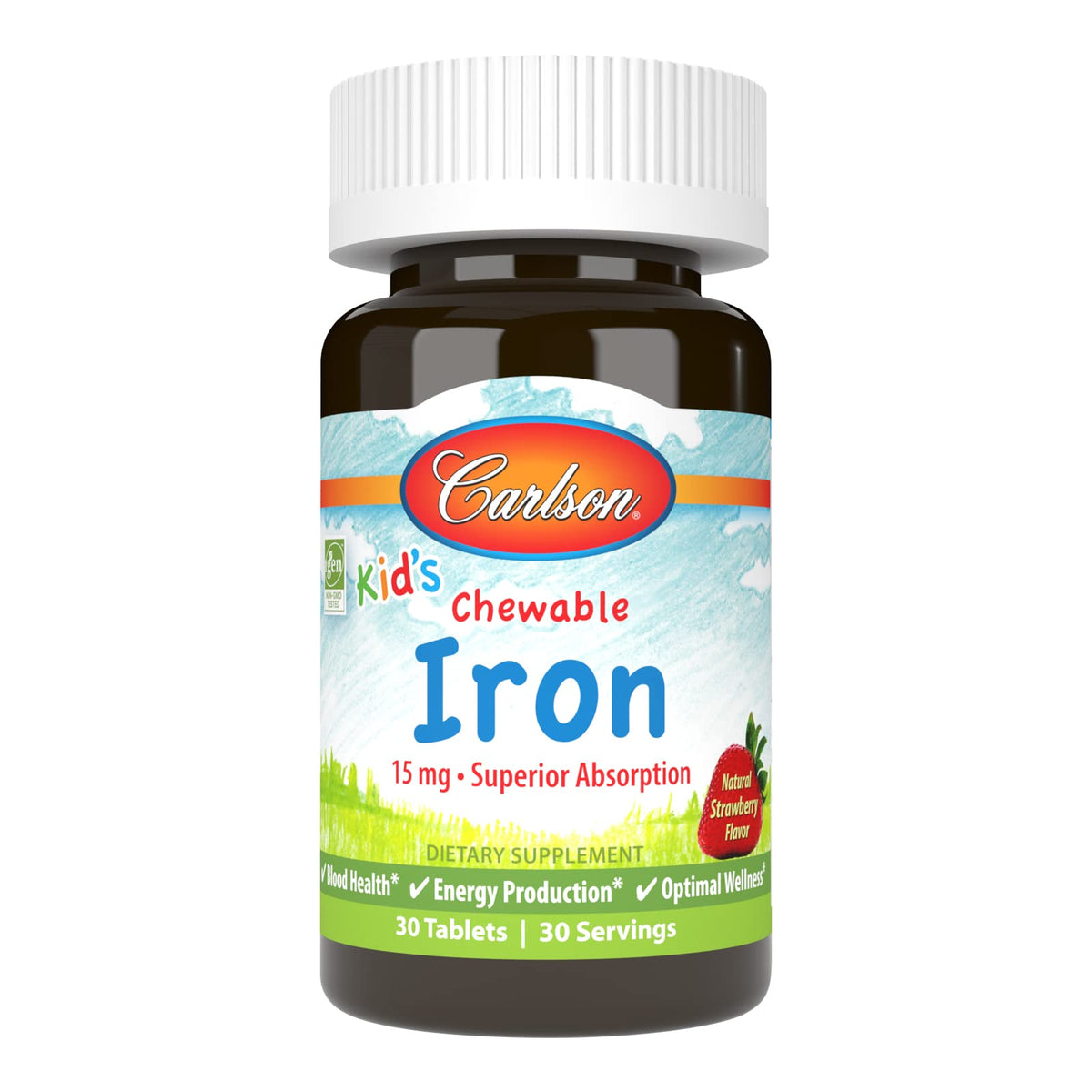 carlson hierro para niños, tabletas masticables con sabor fresa, fáciles de tomar.