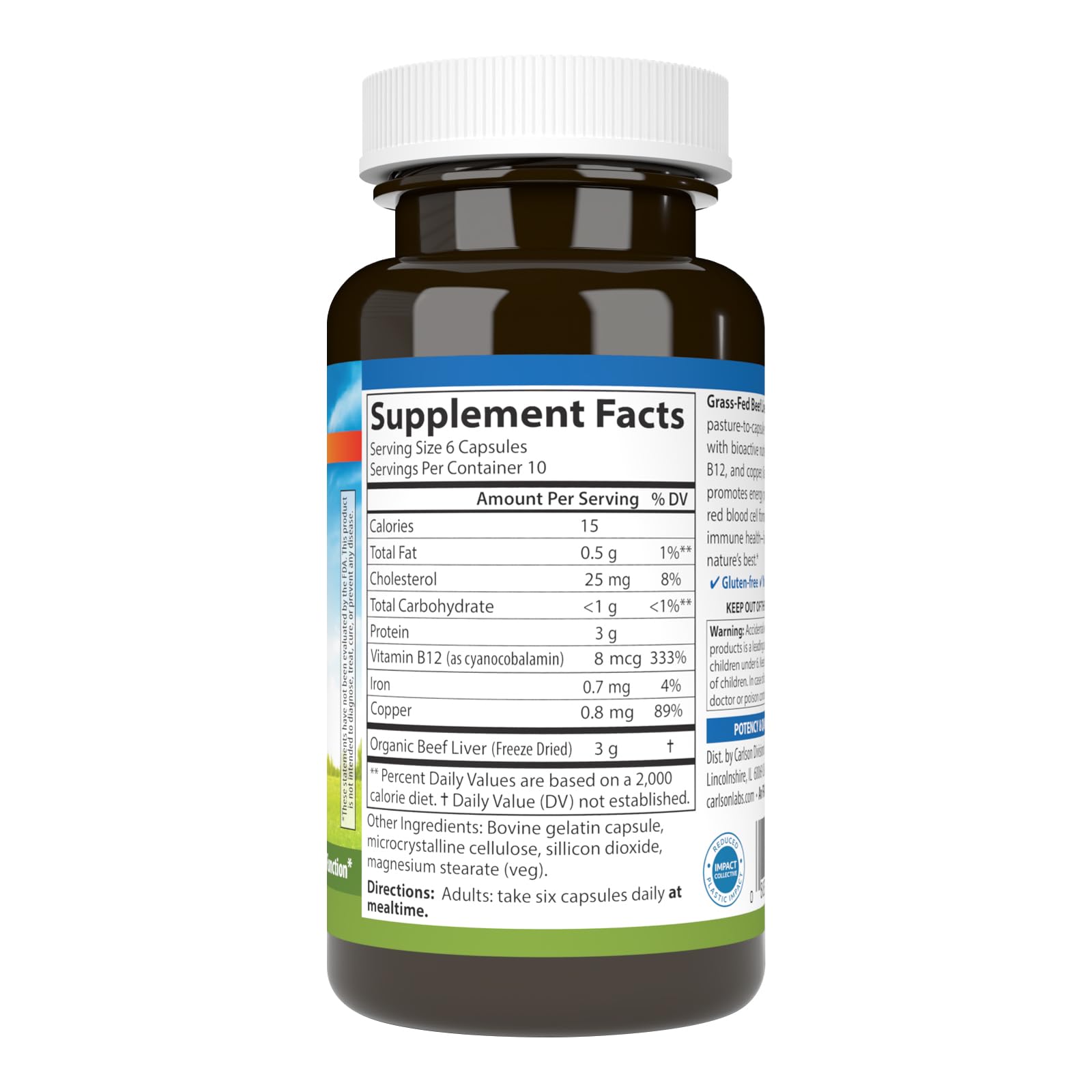 Carlson hígado de vacuno de pasto en cápsulas, fuente natural de cobre y vitamina B12.