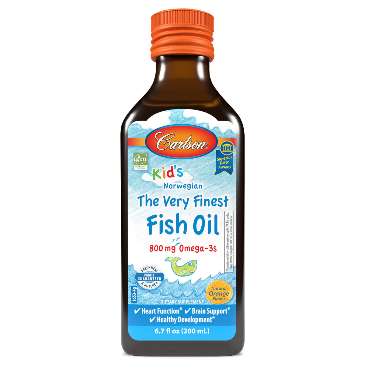 Carlson para niños aceite de pescado naranja en frasco, sabor amigable.