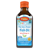 Carlson para niños aceite de pescado naranja en frasco, sabor amigable.