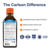 Etiqueta de Carlson para niños con fuente sostenible y sabor naranja.