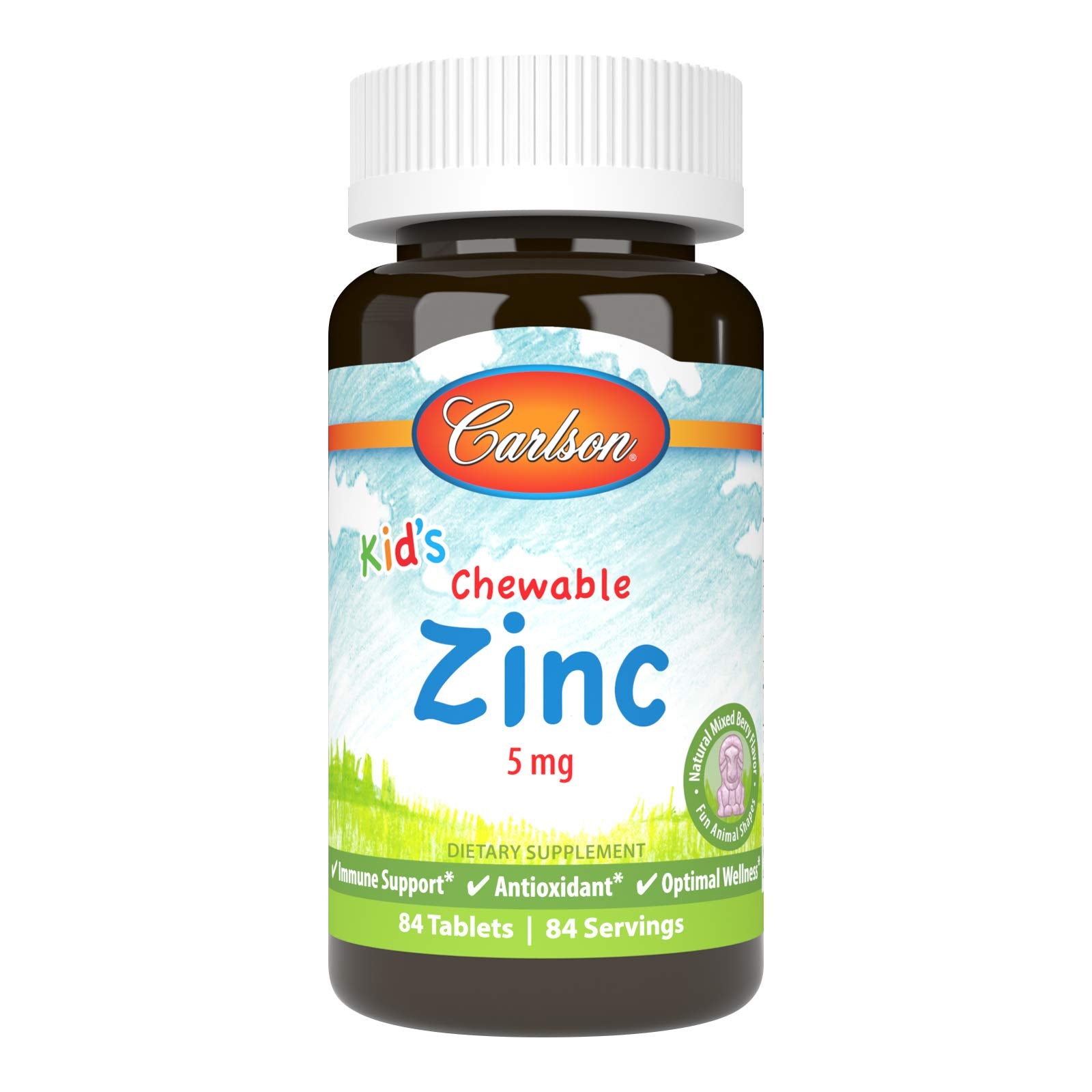 Carlson Kids Zinc masticable en sabor baya mixta para uso diario.