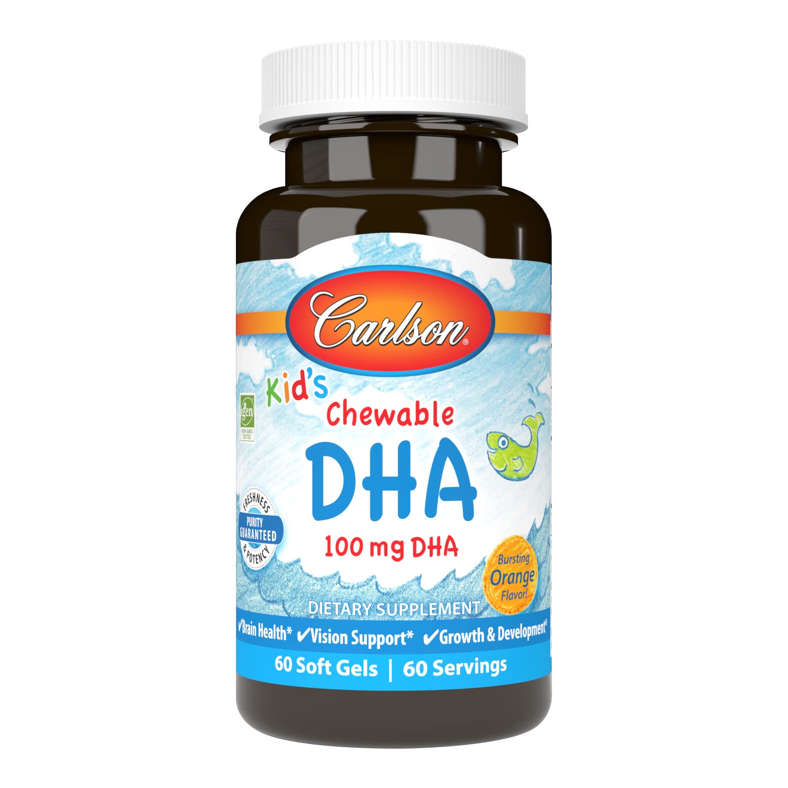 Carlson Kid's DHA gomitas frente: sabor naranja y desarrollo diario