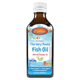 Aceite de pescado Carlson para niños con sabor durazno en botella, para bienestar diario.