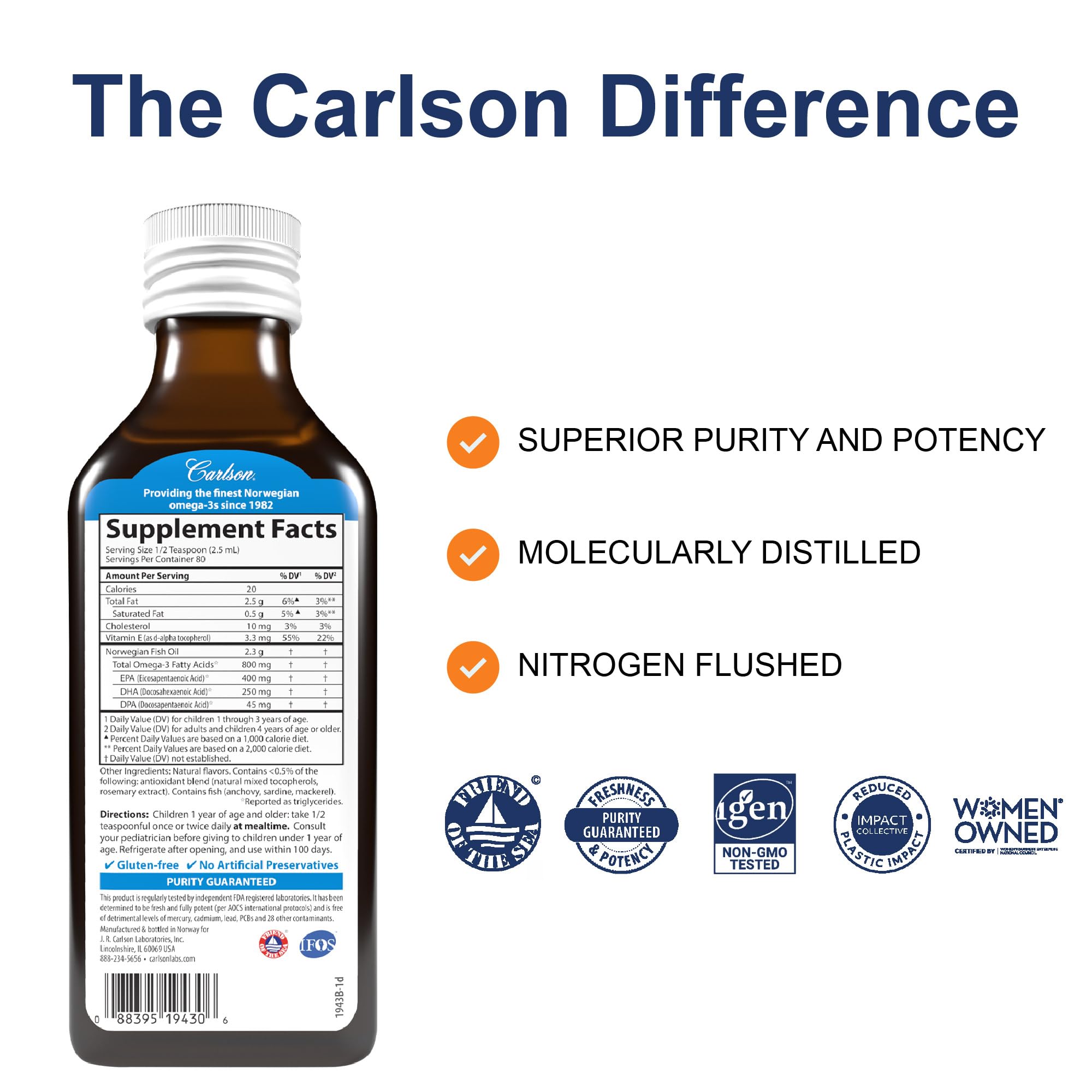 Carlson para niños aceite de pescado durazno, cucharita de medición visible.