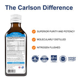 Carlson para niños aceite de pescado durazno, cucharita de medición visible.