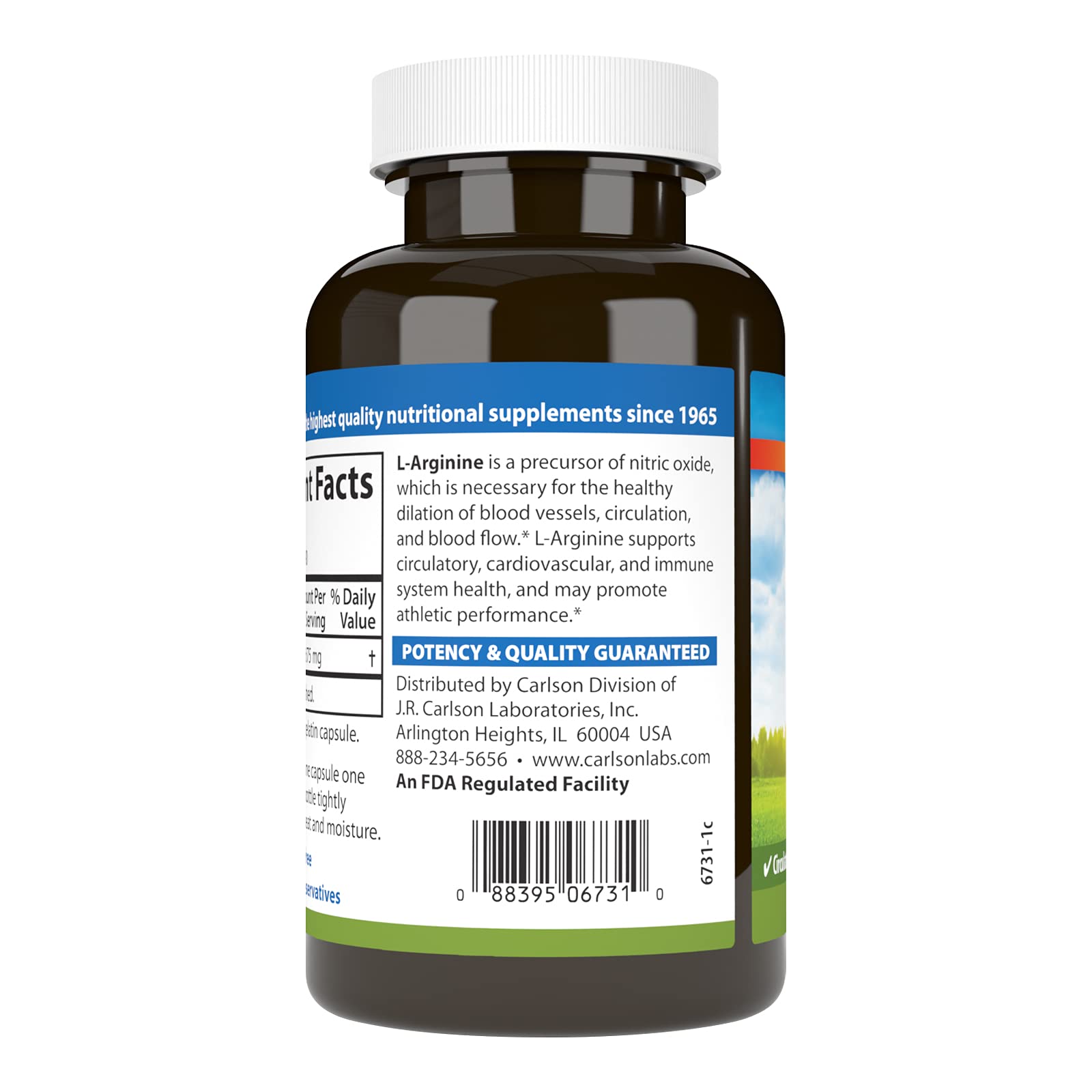 Carlson L-Arginina 675 mg, etiqueta detalle: información de calidad y potencia garantizada.