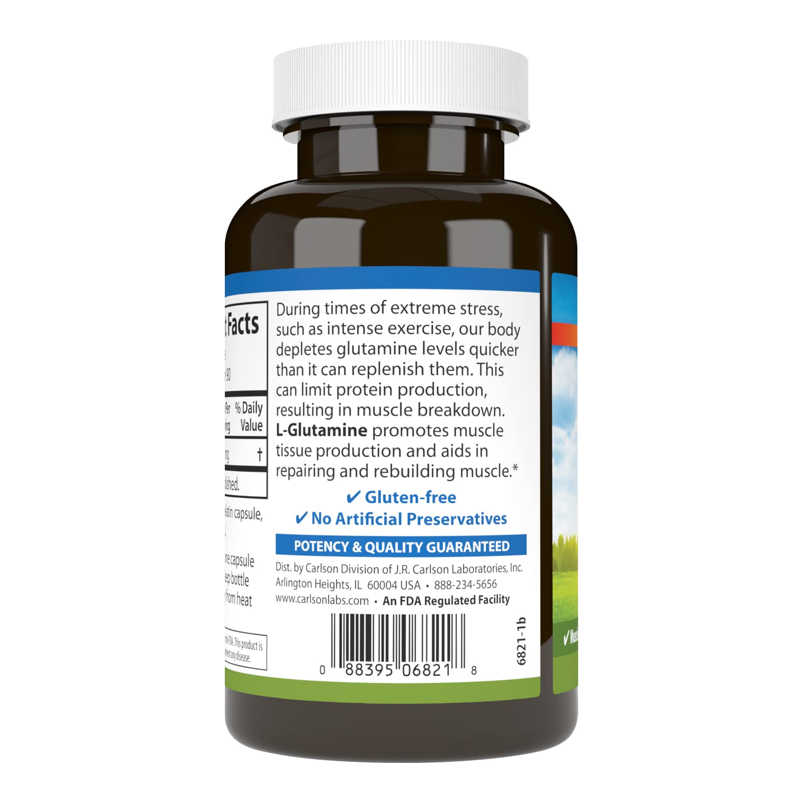 Carlson L-Glutamina 750 mg, información clara en la parte trasera del bote.
