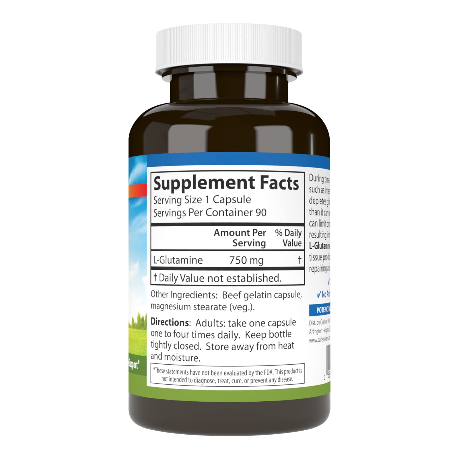 Carlson L-Glutamina 750 mg, frontal del bote para uso diario cómodo.