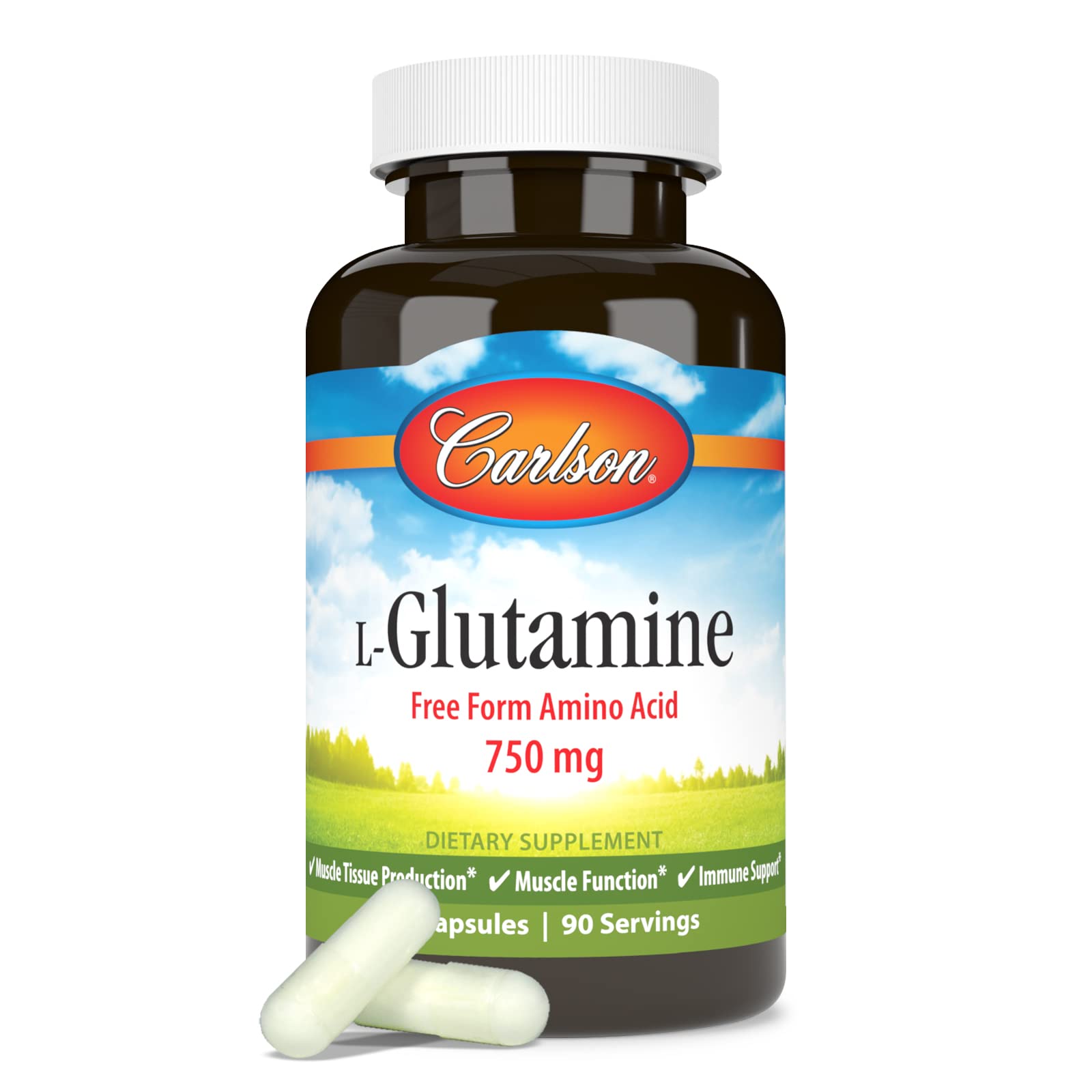 Carlson L-Glutamina 750 mg, empaque compacto para fácil almacenamiento.