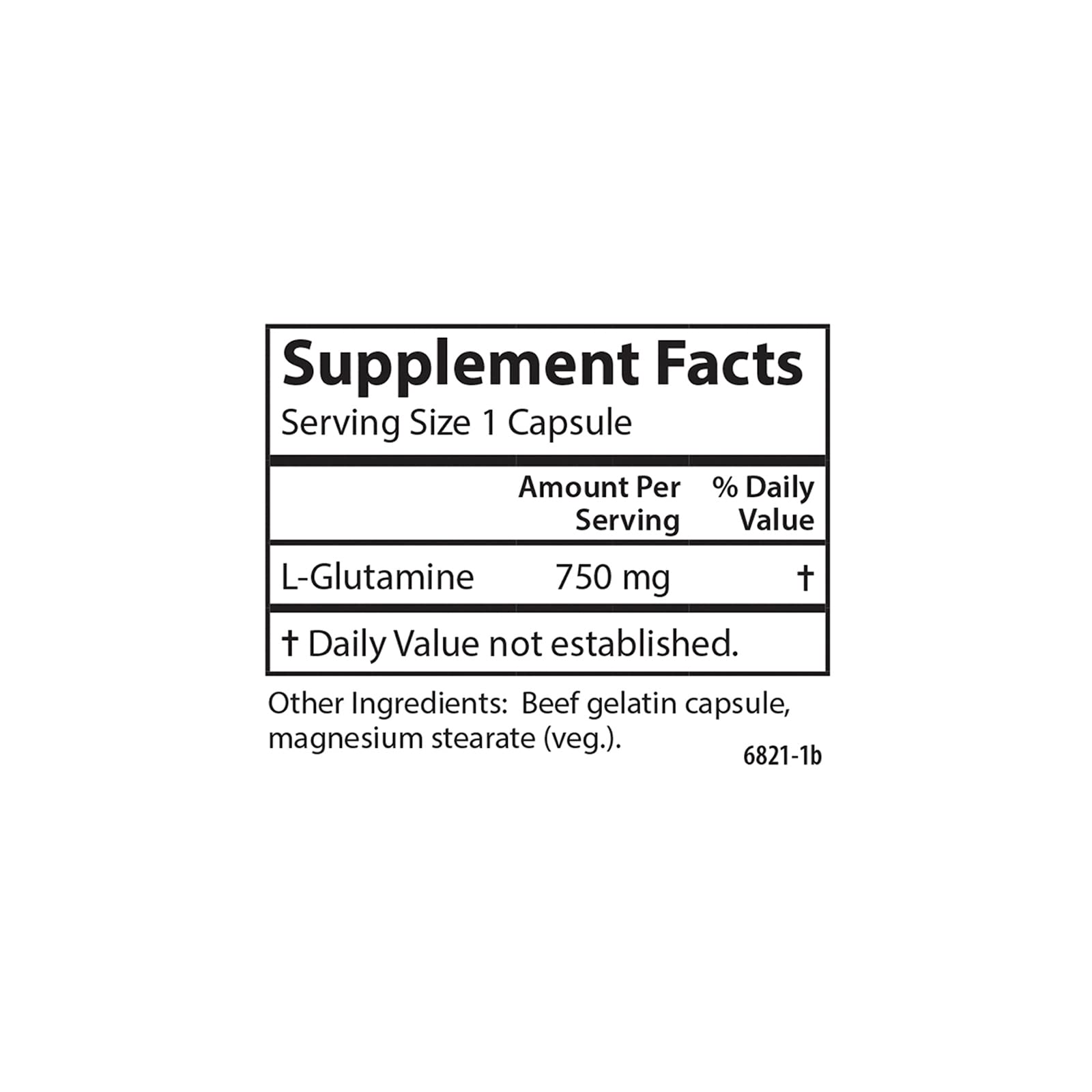 Carlson L-Glutamina 750 mg, etiqueta clara con dosis recomendadas.