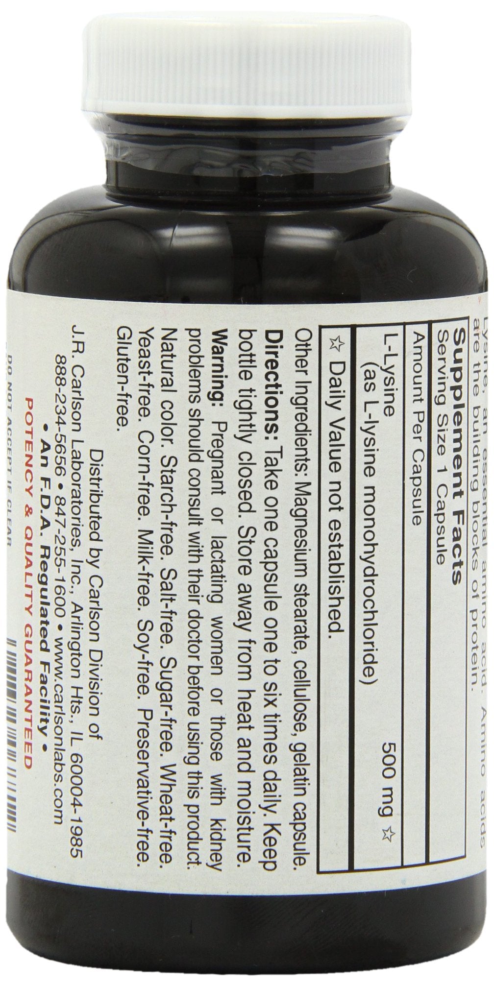 Cápsulas Carlson L-Lisina 500 mg, fácil de tragar y conveniente.