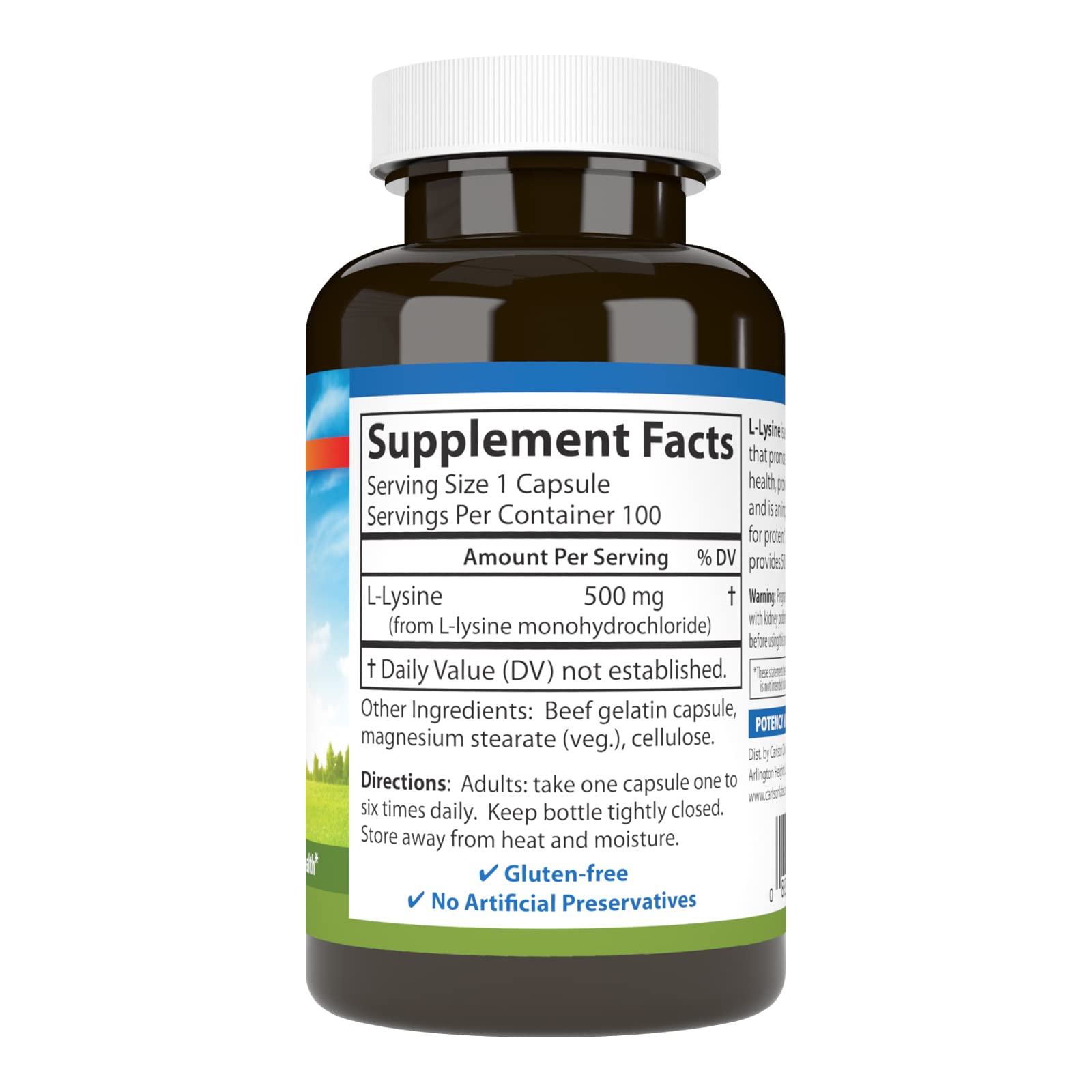 Etiqueta frontal de Carlson L-Lisina 500 mg, información clara de la fórmula.