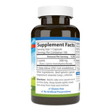 Etiqueta frontal de Carlson L-Lisina 500 mg, información clara de la fórmula.