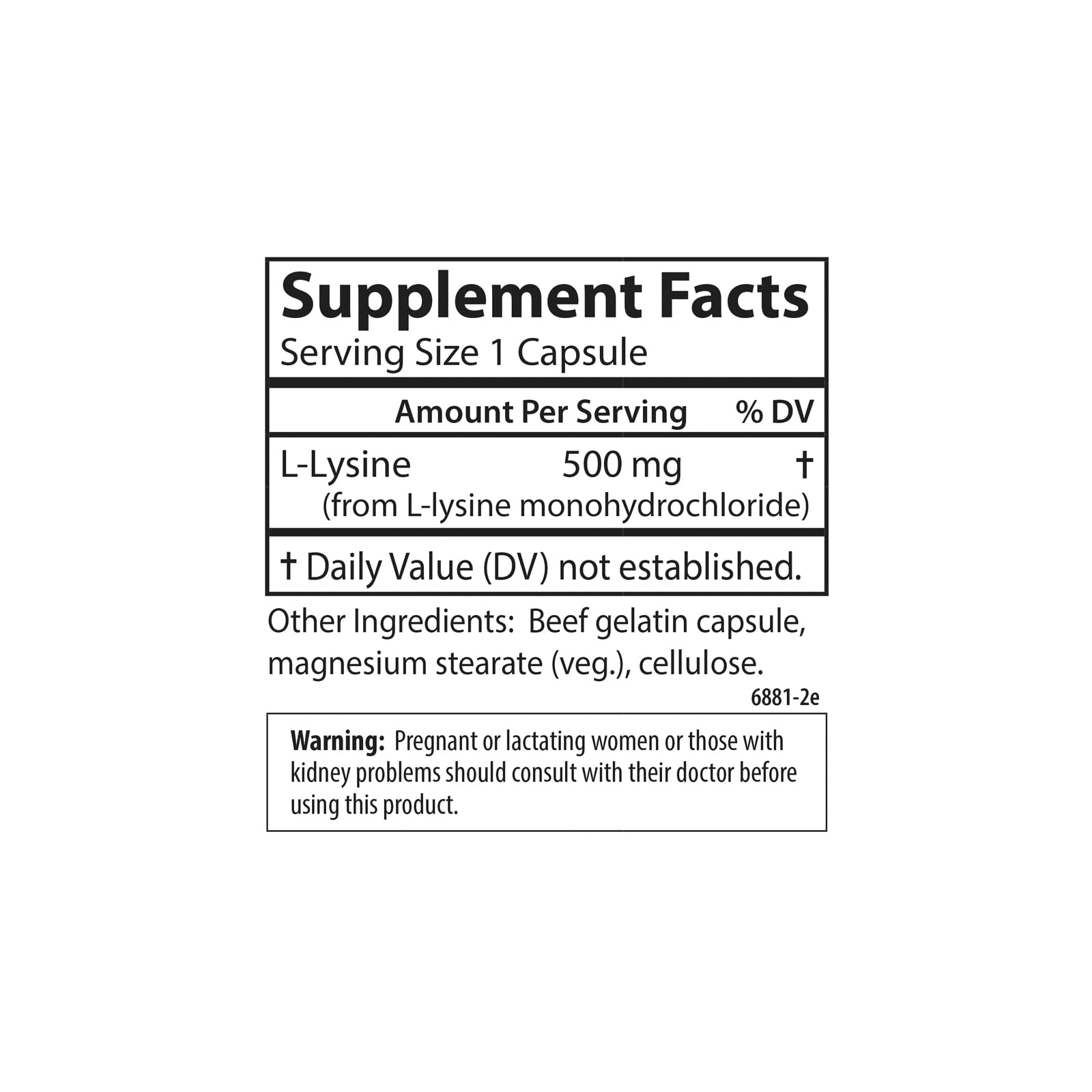 Vista frontal de la botella Carlson L-Lisina 500 mg para consulta rápida.