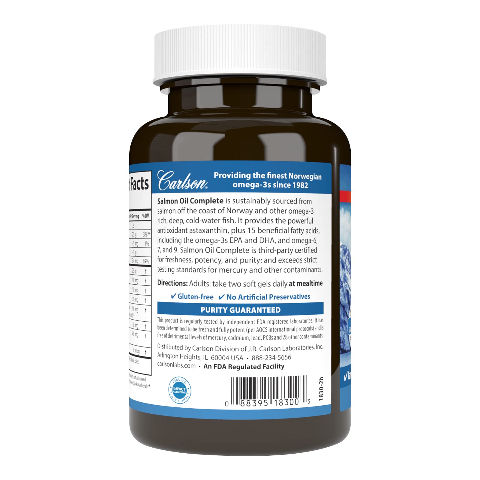 Etiqueta frontal de Carlson Salmon Oil Complete con información de omega