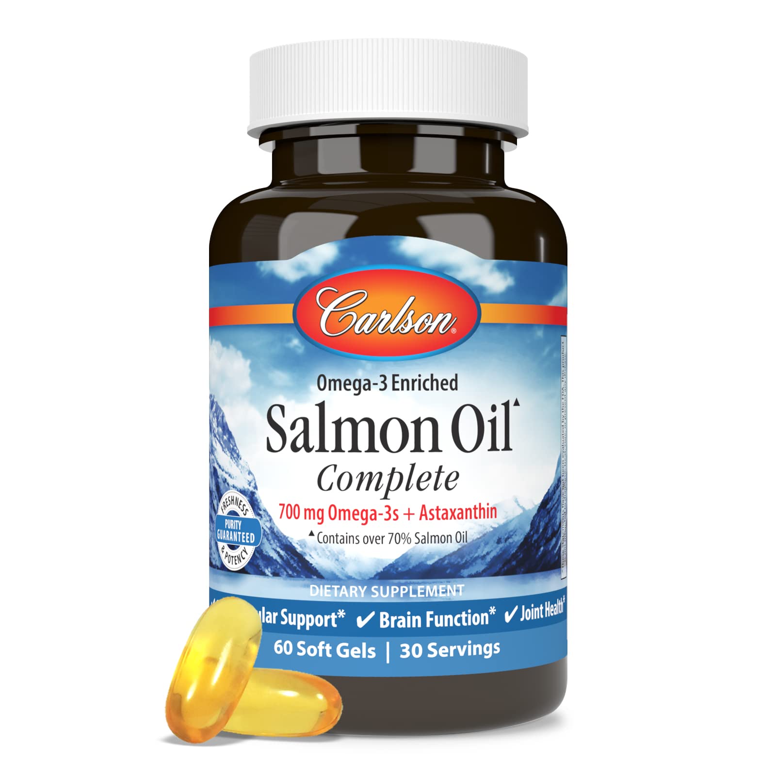 Frasco de Carlson Labs Salmon Oil, uso diario fácil en la rutina de salud