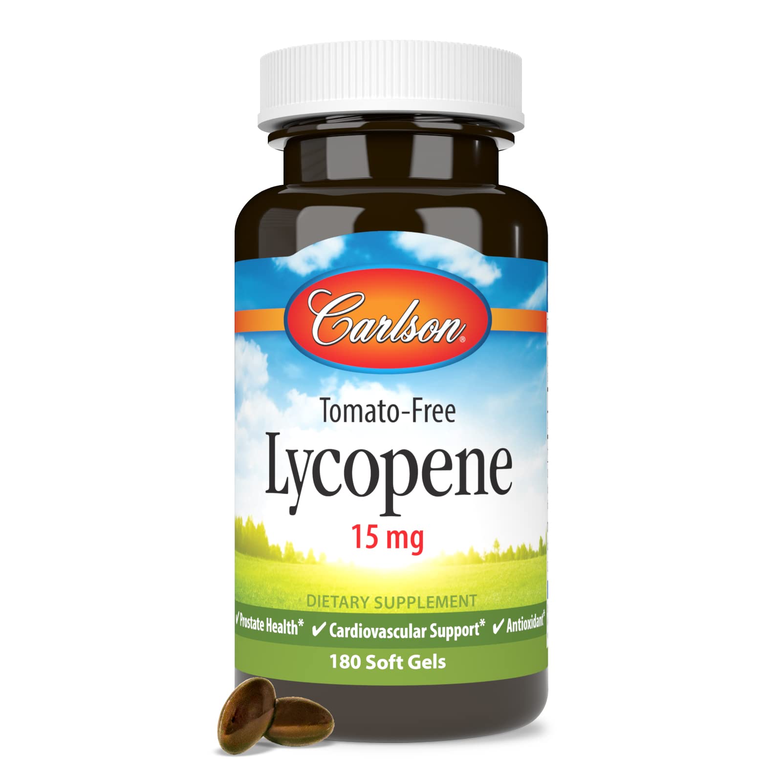 Carlson licopeno 15 mg sin tomate, cápsulas gelatinosas, uso diario recomendado.