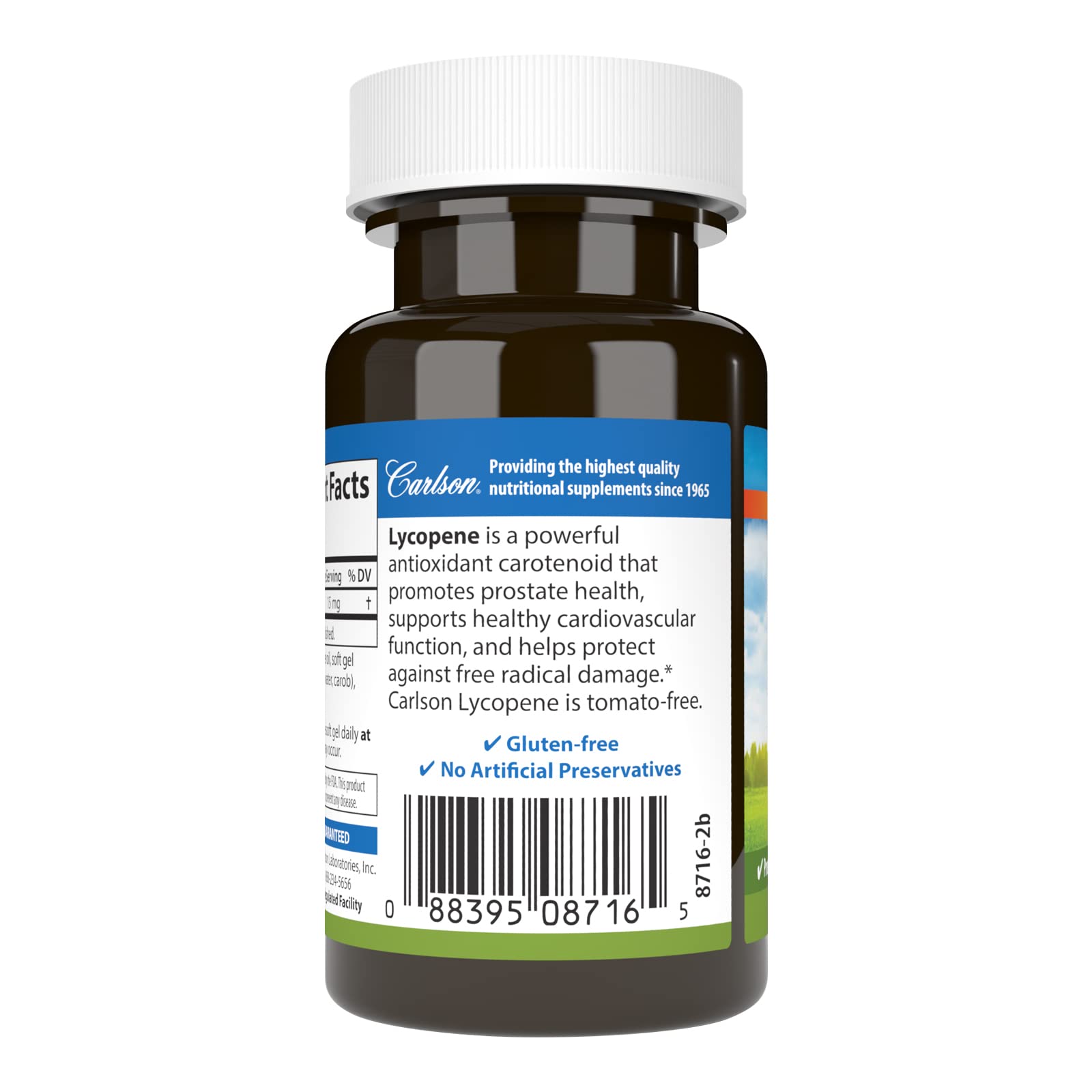 Carlson licopeno 15 mg sin tomate, etiqueta frontal informa sobre potencia y pureza