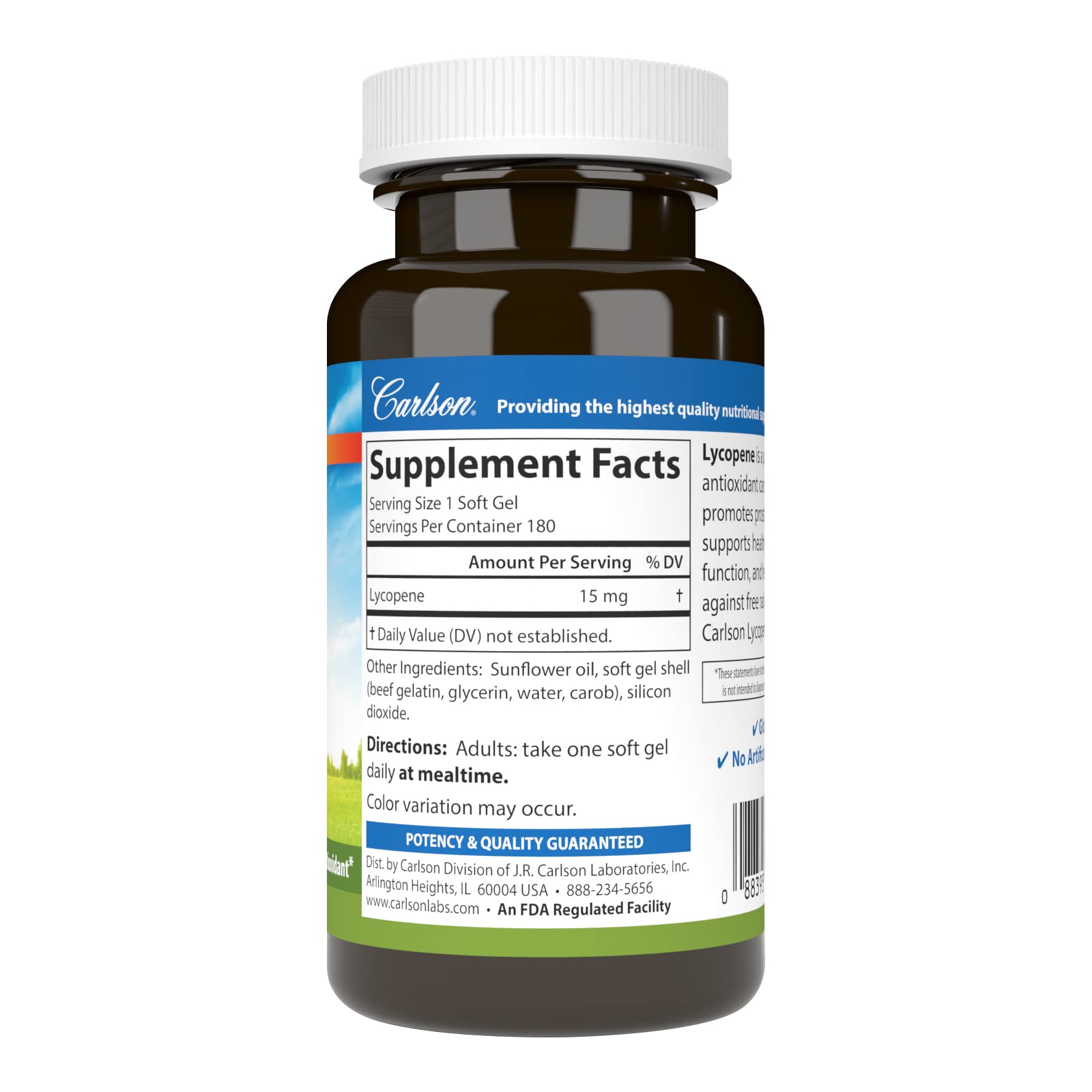 Carlson licopeno 15 mg sin tomate, etiqueta, detalle sobre dosis y uso recomendado.