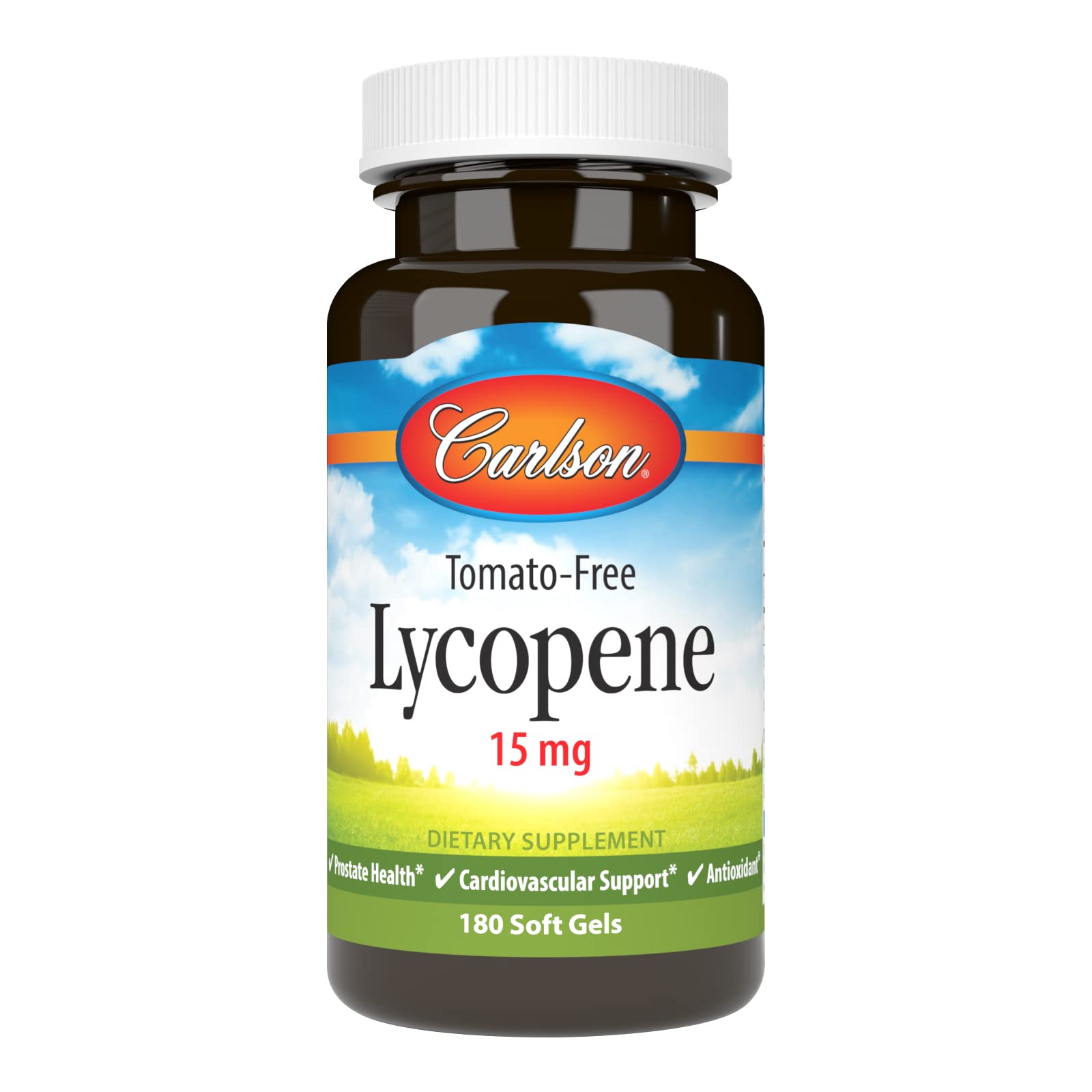 Carlson licopeno 15 mg sin tomate, frente de la botella, apoyo a la salud prostática.