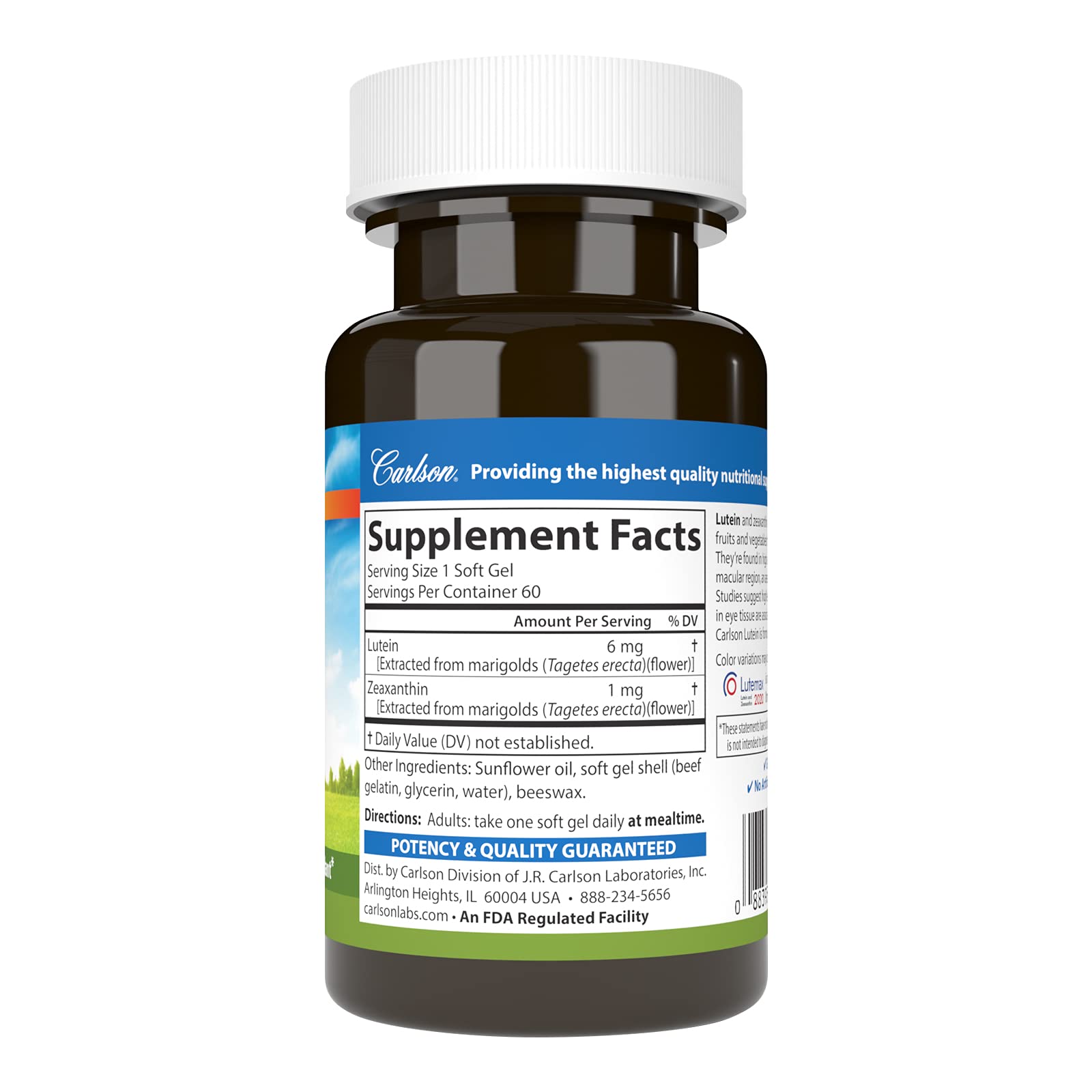 Carlson Lutein 6 mg, cápsulas blandas para apoyo ocular diario.