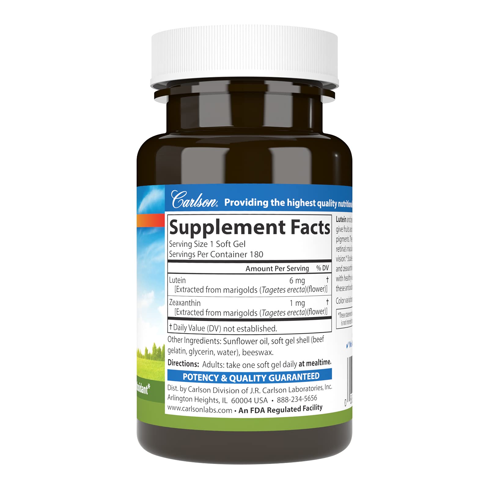 Carlson Lutein 6 mg – etiqueta frontal: información clara de la dosis.