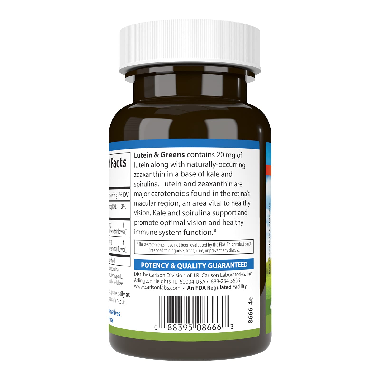 Carlson Luteína y Verdes, ingredientes kale y spirulina, fuente natural de nutrientes.