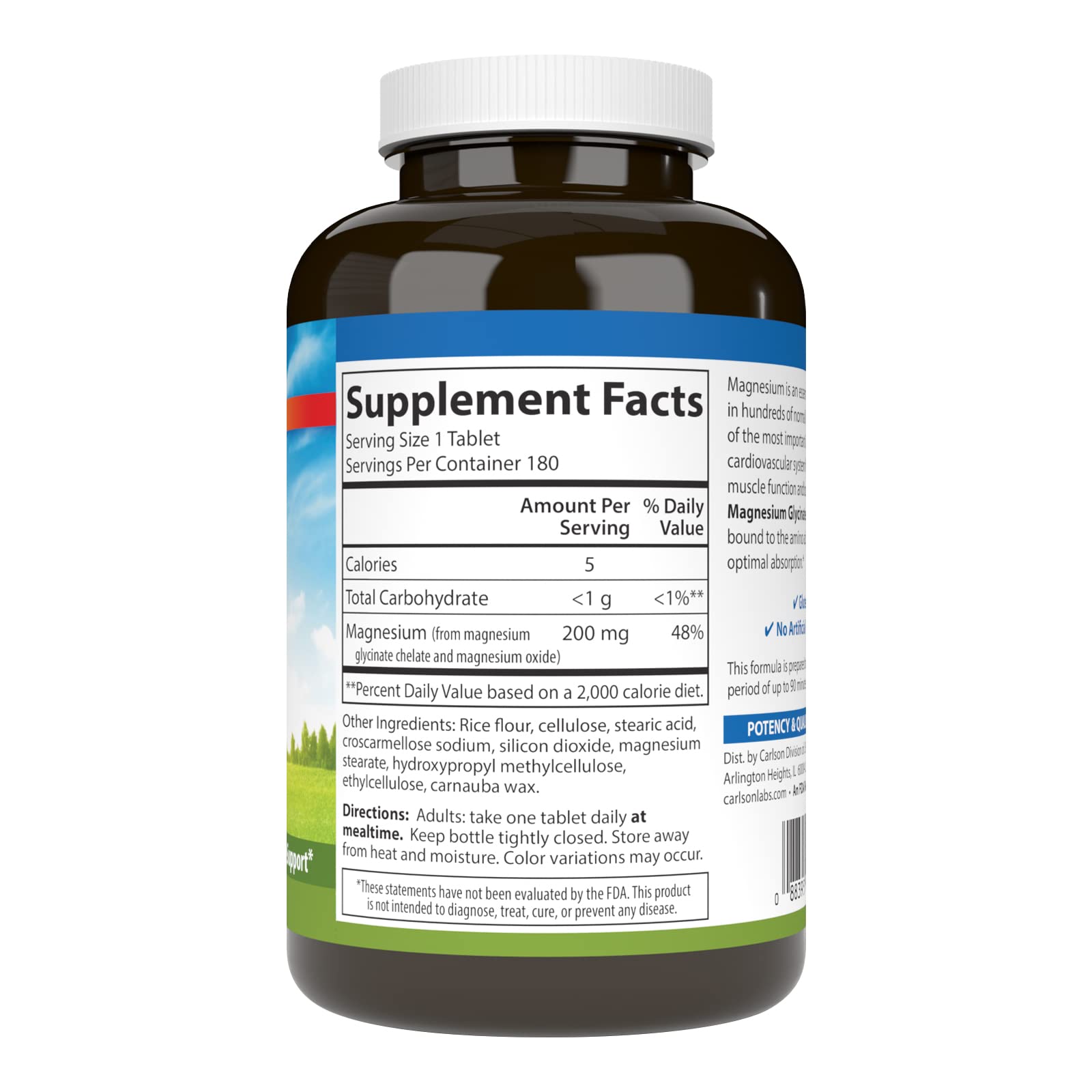 Carlson magnesio chelatado 200 mg, etiqueta frontal: posible apoyo al funcionamiento nervioso.