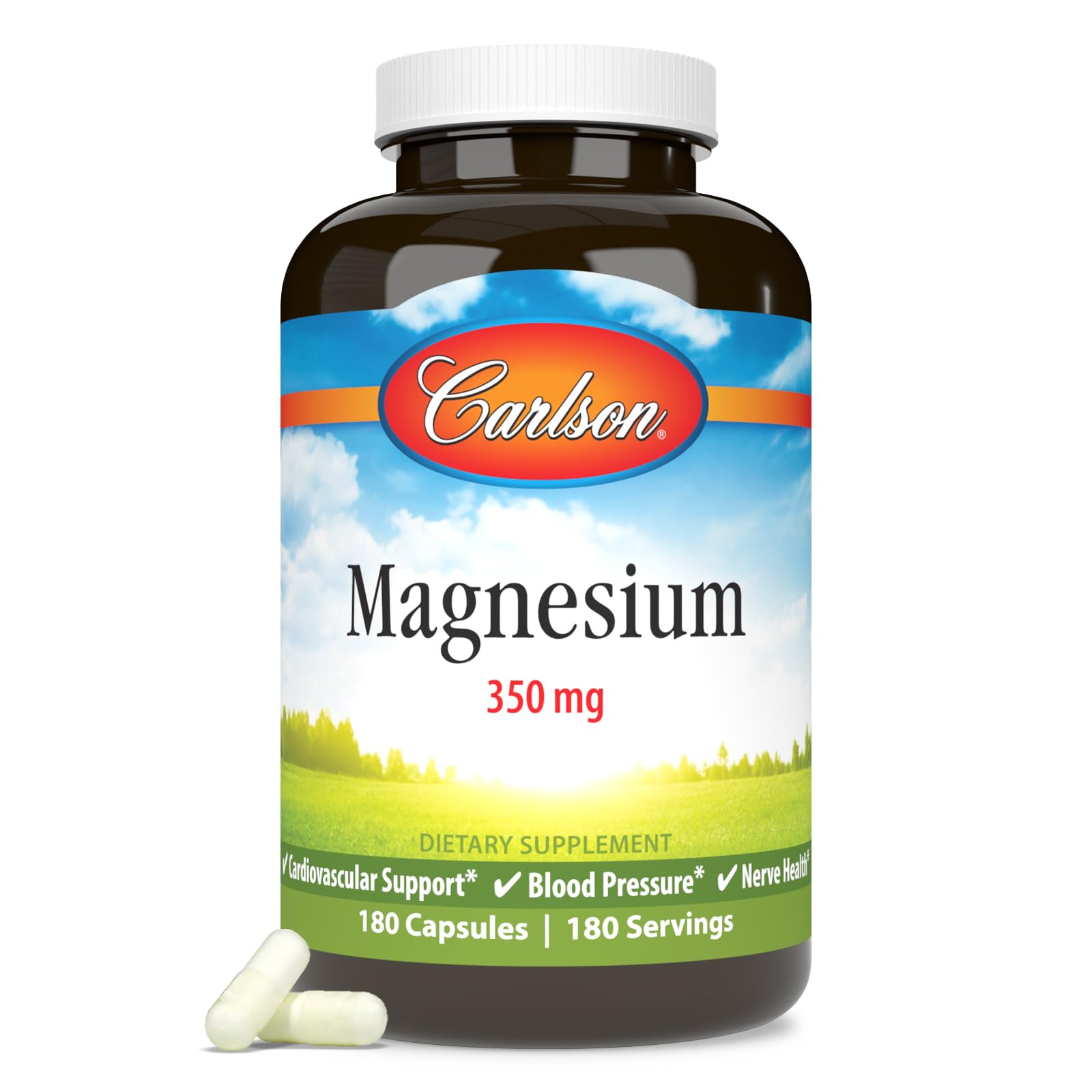 Carlson Magnesio 350 mg: cápsulas frente para apoyo general.