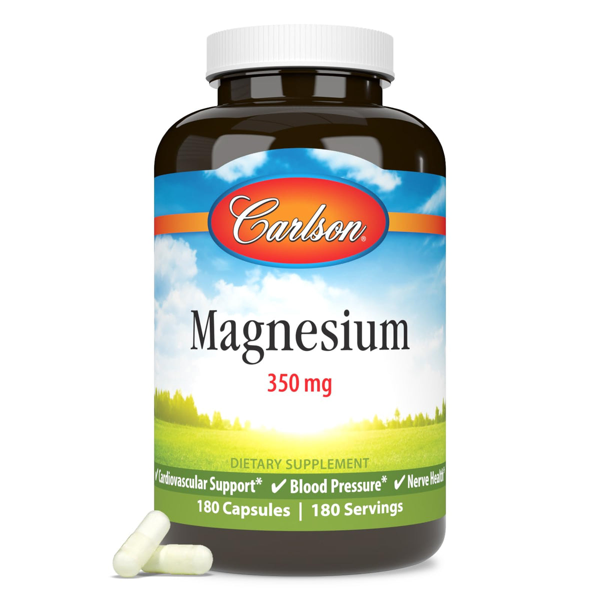 Carlson Magnesio 350 mg: cápsulas frente para apoyo general.