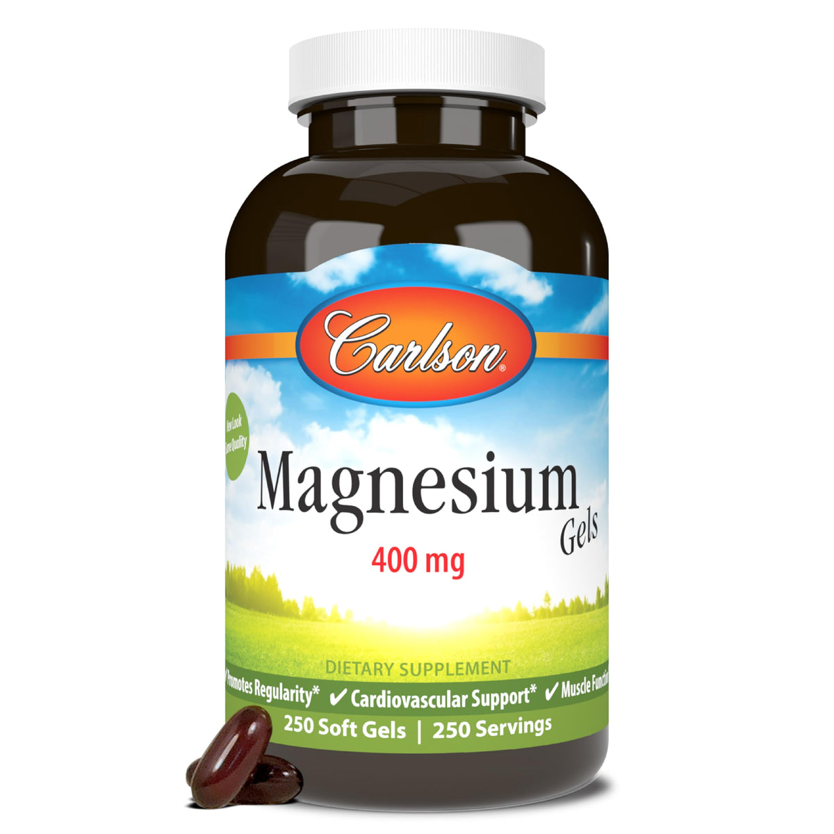 Carlson geles de magnesio: botella frontal, formato gel cápsula para apoyo cardiovascular y muscular