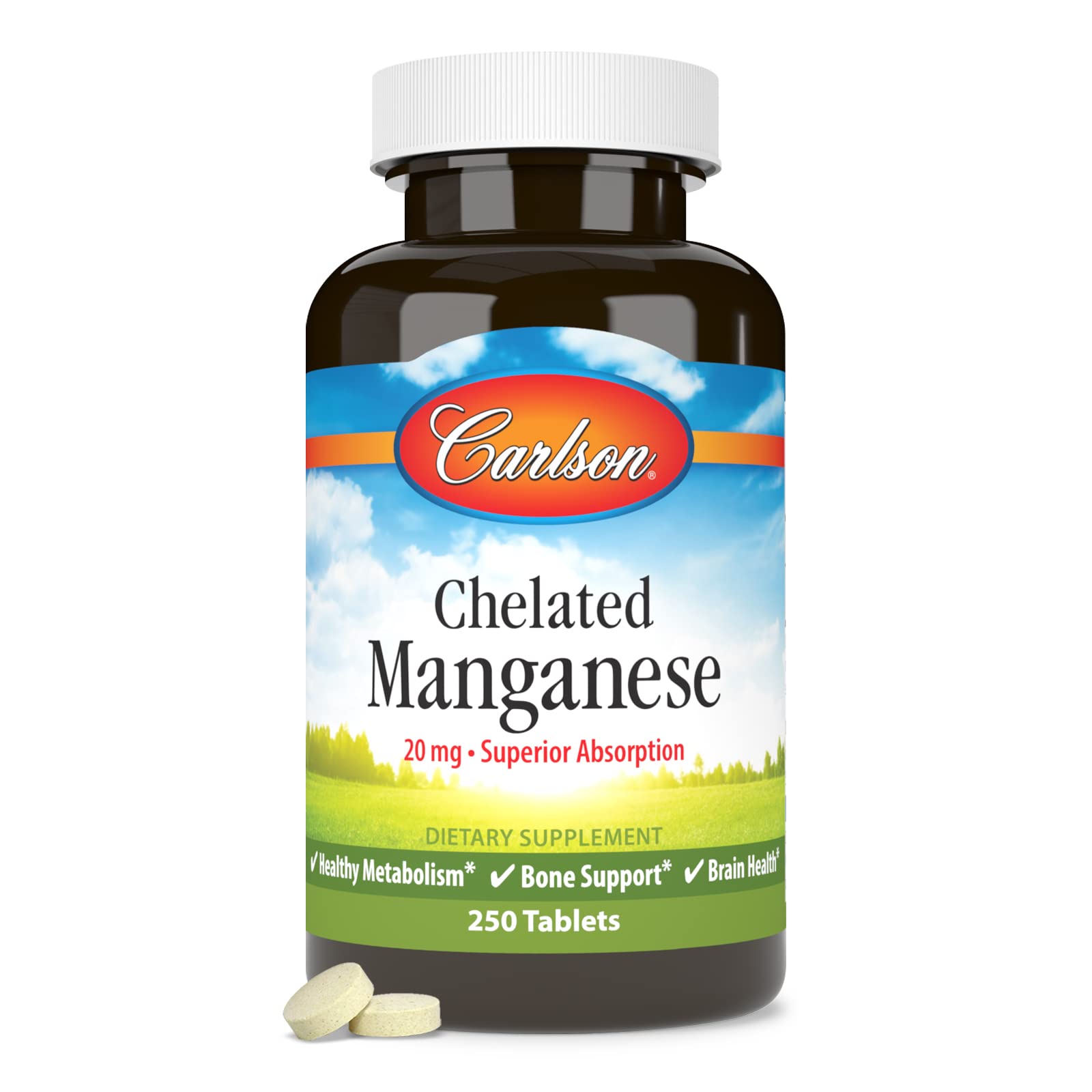 Carlson manganeso quelatado 20 mg, empaque práctico para almacenamiento seguro.