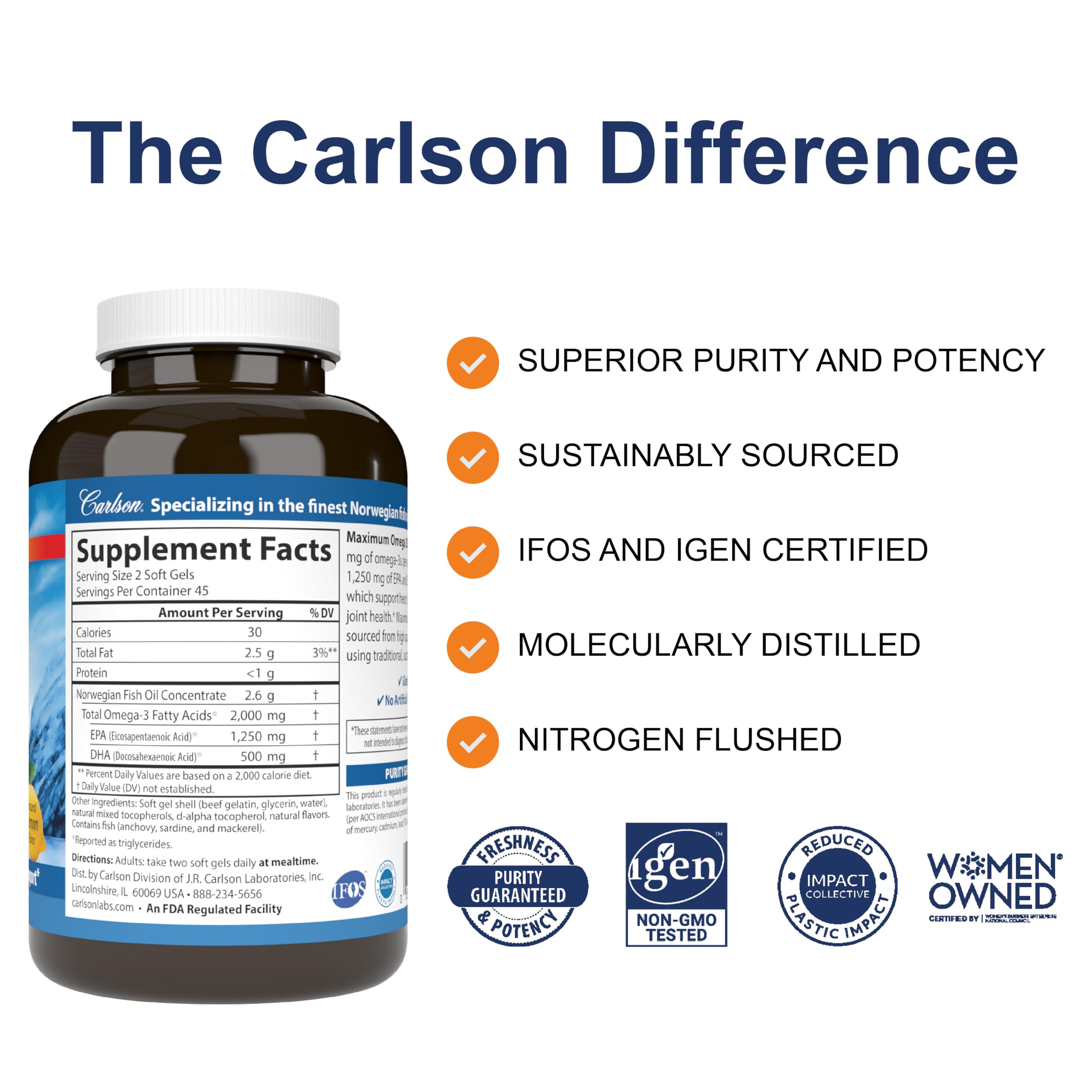 Carlson Maximum Omega2000, cápsulas omega-3, fuente de 2000 mg por porción.