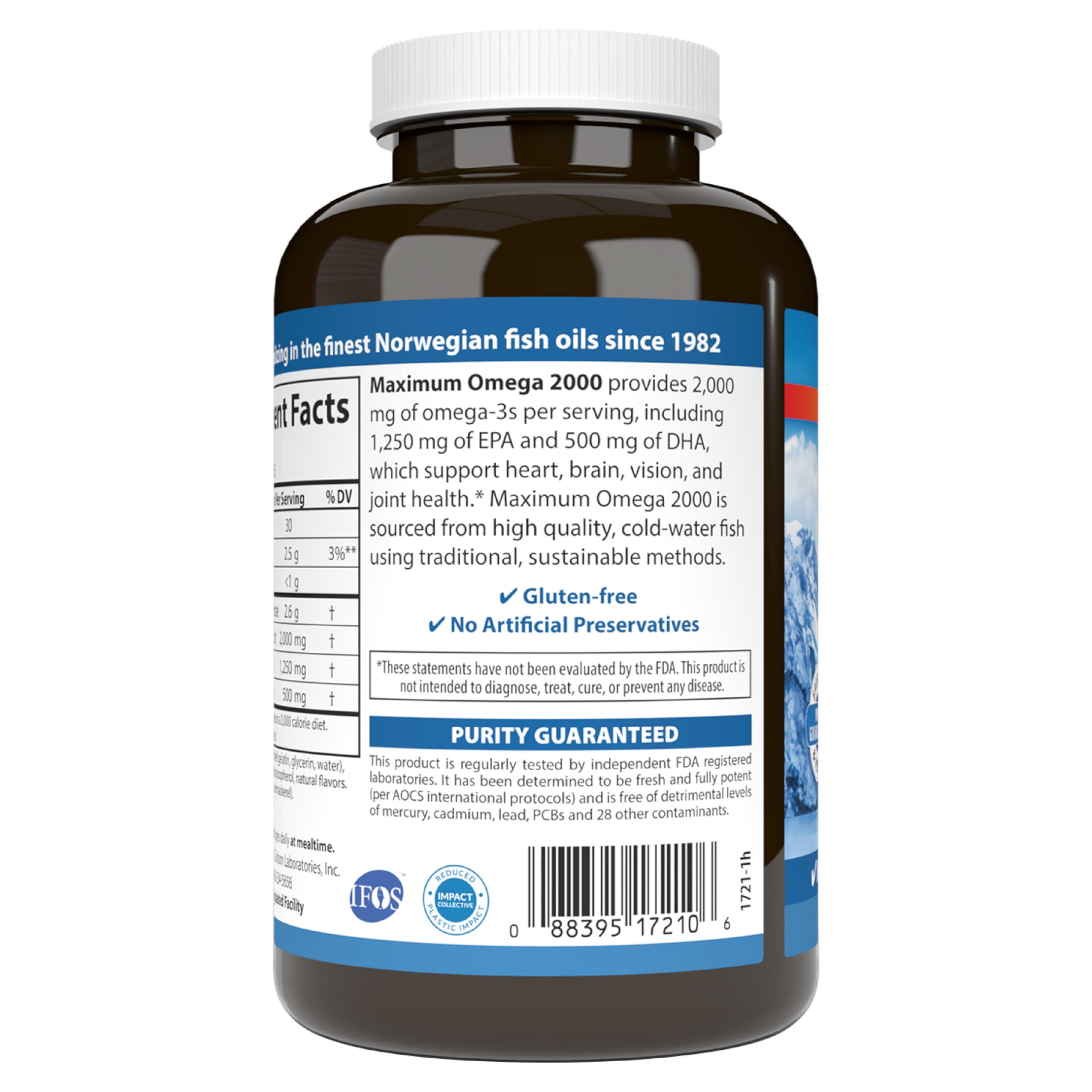 Carlson Maximum Omega2000, información nutricional clara en etiqueta.