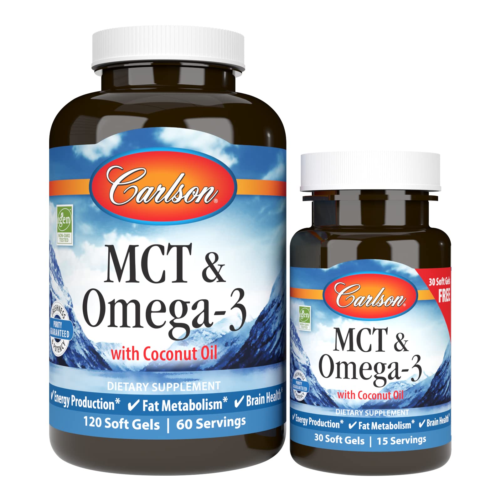 Carlson MCT Omega-3 cápsulas blandas con aceite de coco para energía diaria.